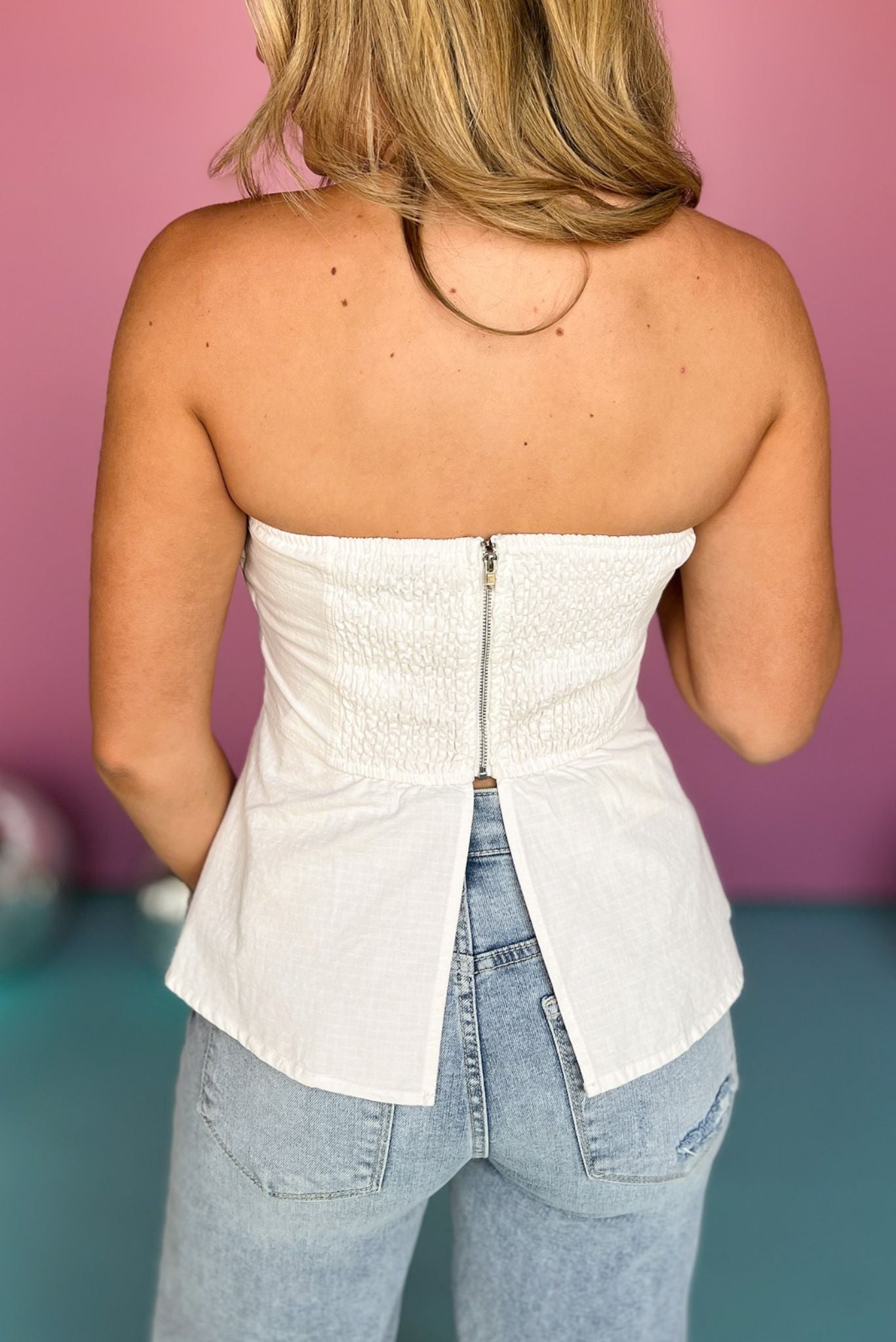 White Strapless Smocked Back Bodice Top, strapless top, trendy top, elevated top, date night top, night out top, weekend style, mom style, shop style your senses by Mallory Fitzsimmons, ssys by mallory fitzsimmmons  Edit alt text