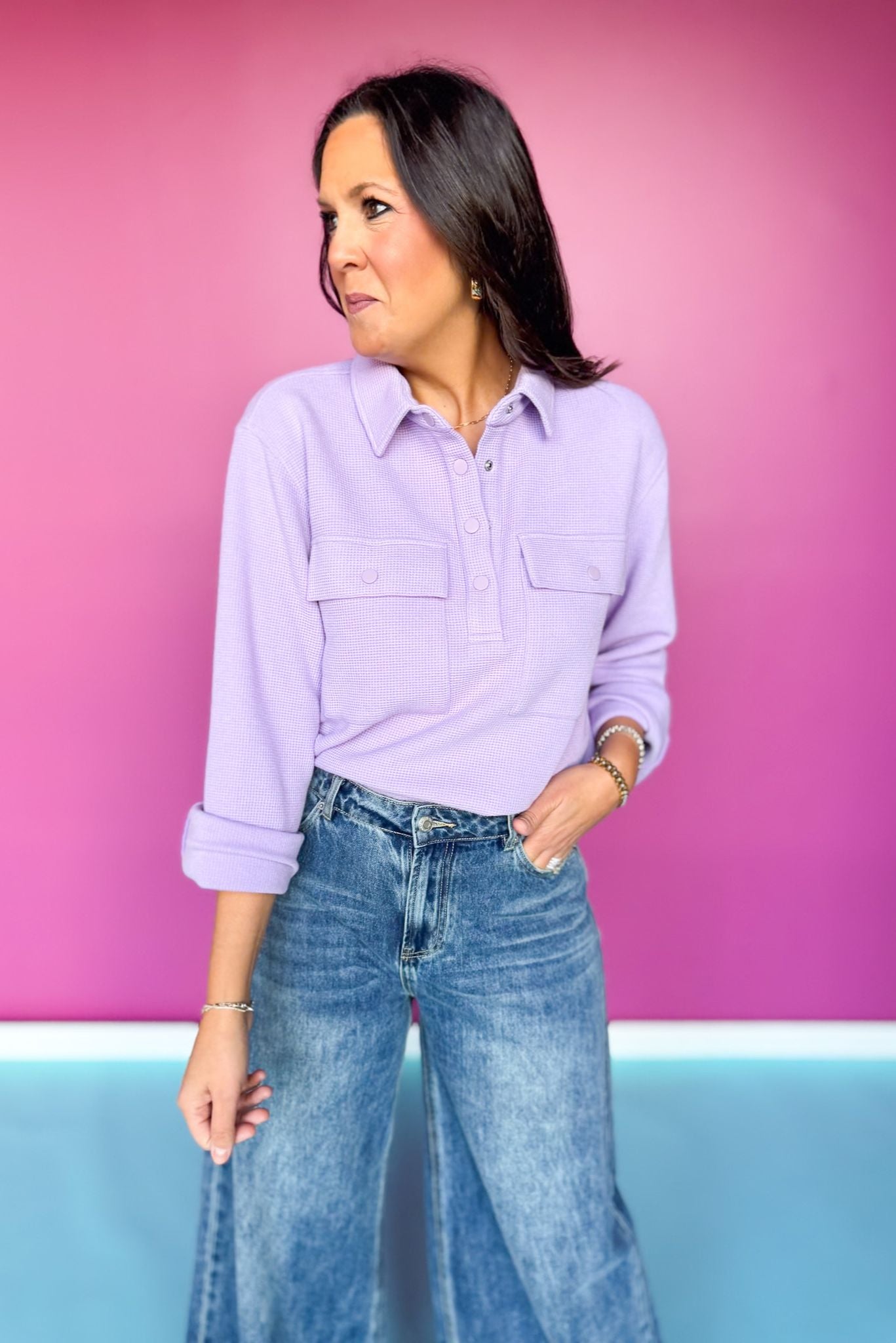 SSYS Fawn Waffle Knit Cropped Shacket Top In Lavender