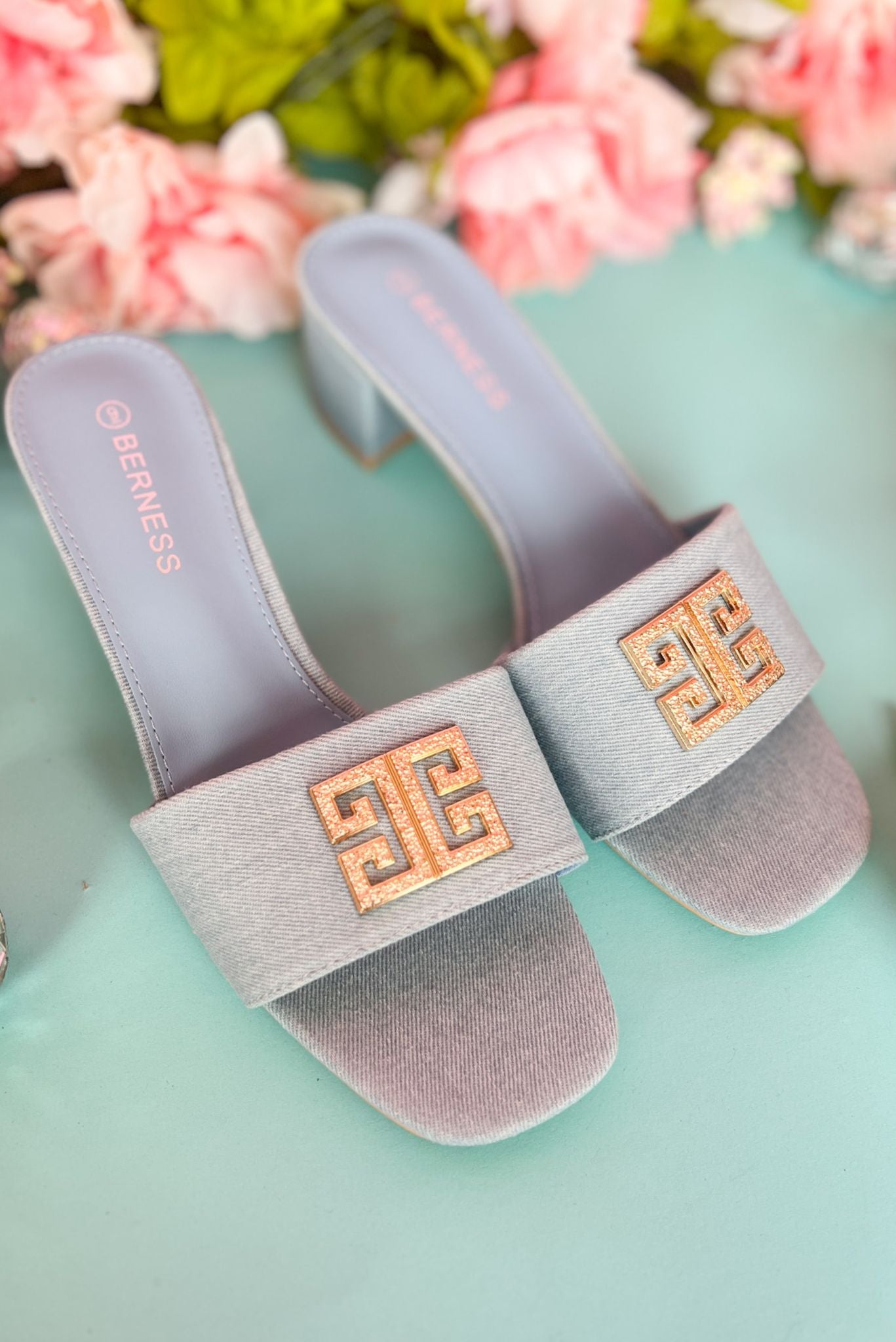 Denim Gold Hardware Block Heel Slide Sandals – SSYS