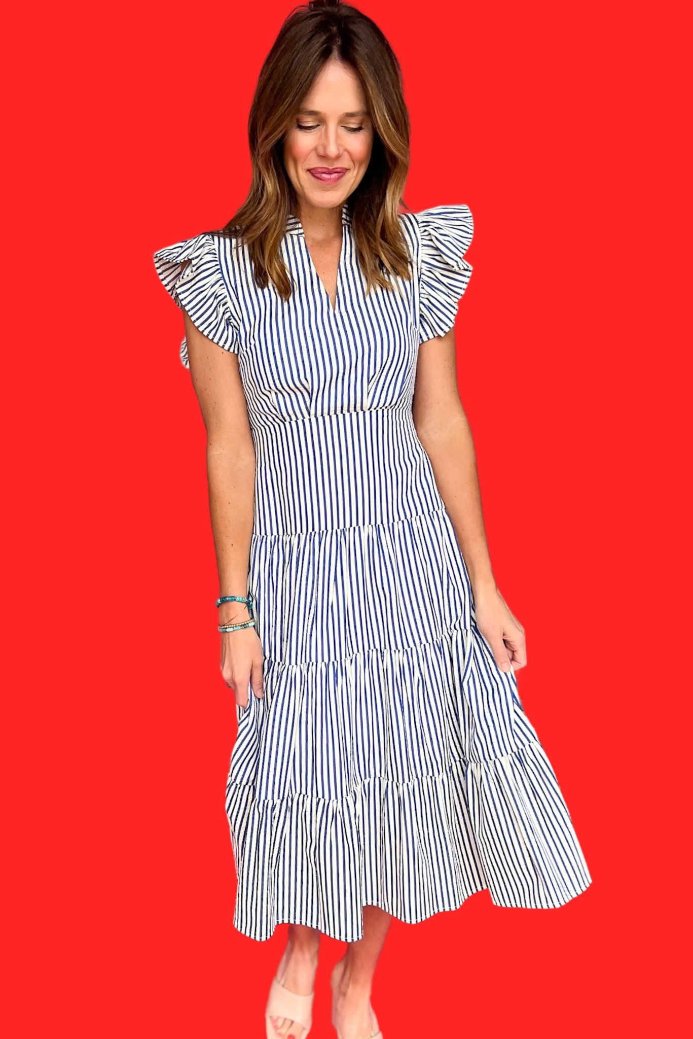 Blue Striped V Neck ruffle Sleeve Tiered Midi Dress SSYS Blue Striped V Neck ruffle Sleeve Tiered Midi Dress SSYS