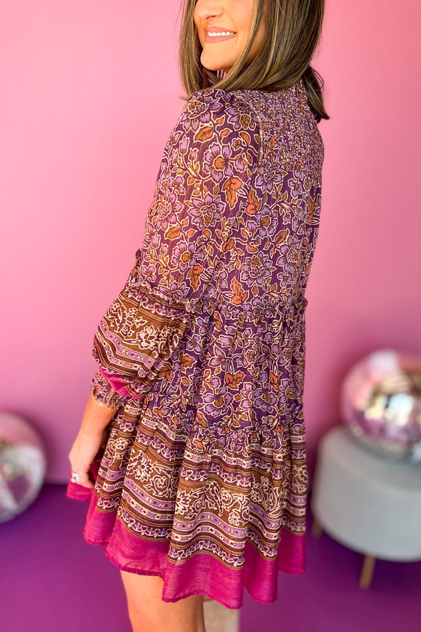 Karlie Purple Floral Printed Smocked Neck Long Sleeve Dress, must have dress, must have style, fall style, fall fashion, elevated style, elevated dress, mom style, fall collection, fall dress, shop style your senses by mallory fitzsimmons