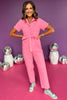 Pink Waist Tie Denim Jumpsuit