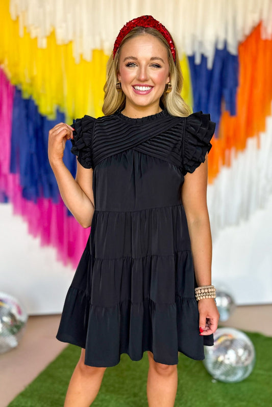 Black Cross Pleat Ruffle Sleeve Dress, gameday dress, game day dress, gameday style, game day chic, university of alabama, oklahoma university, texas tech university, must have, shop style your senses by mallory fitzsimmons