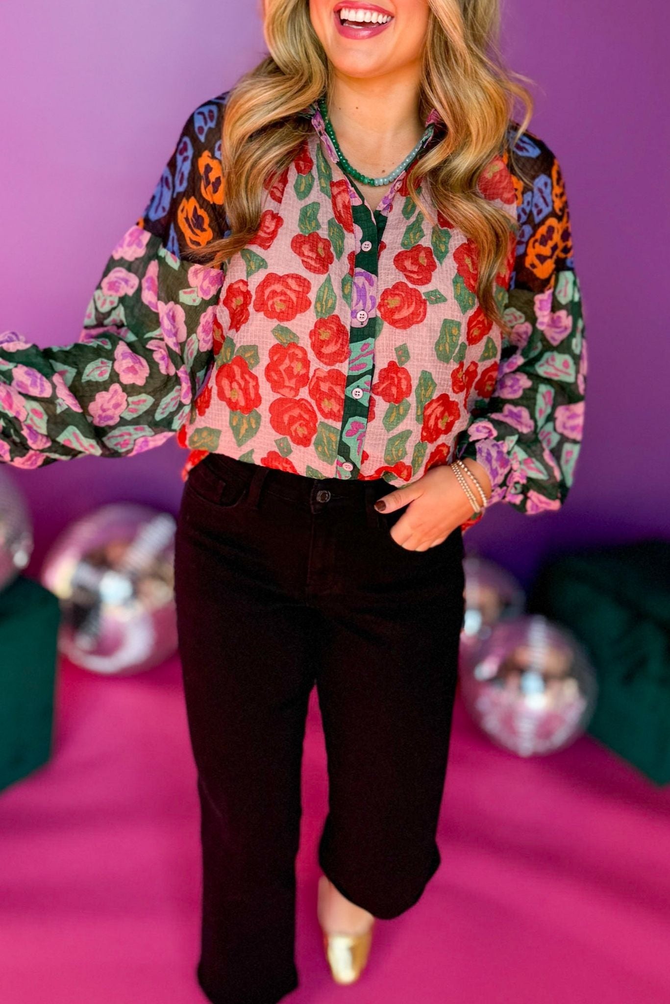 Pink Colorblock Top Blush Pink Colorblock Floral Printed Balloon Sleeve Top – SSYS