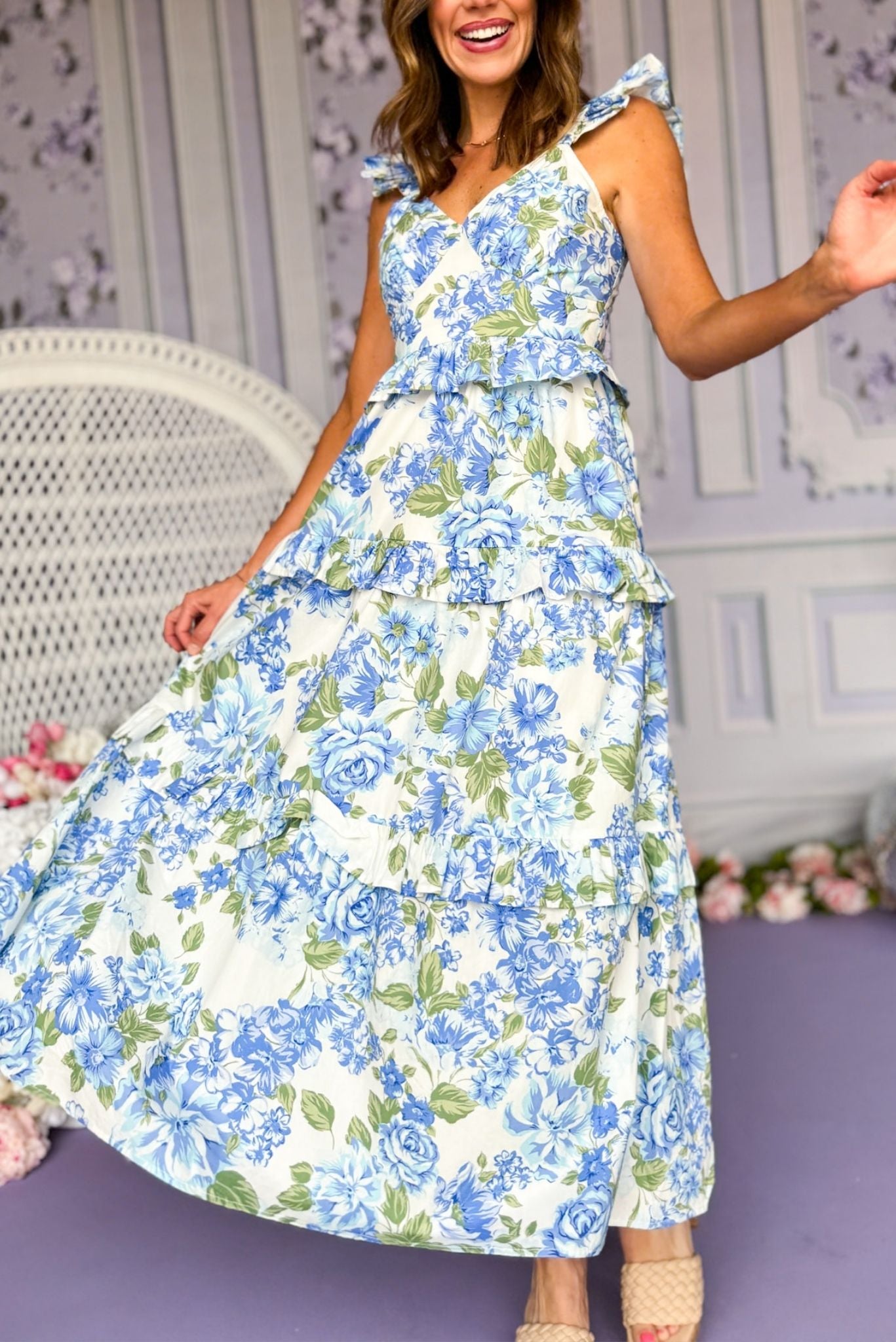 Blue Floral Printed Flutter Tank Tiered Maxi Dress, spring dress, elevated dress, must have dress, mothers day dress, special occasion dress, spring style, summer style, church dress, mom style, shop style your senses by Mallory Fitzsimmons, ssys by Mallory Fitzsimmons  Edit alt text