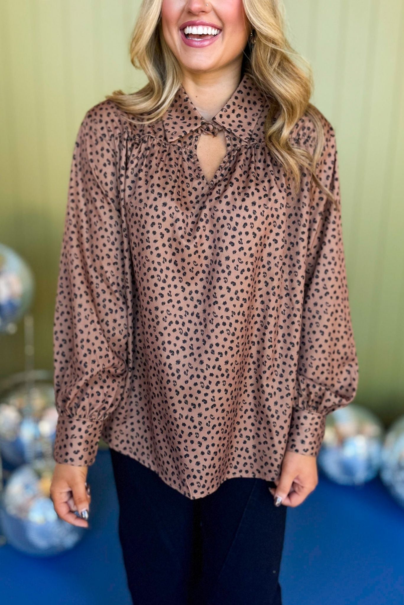 Brown Ditsy Animal Printed Split Neck Collared Long Sleeve Top, printed top, must have print, must have top, must have style, winter style, winter fashion, elevated style, elevated top, mom style, winter top, shop style your senses by mallory fitzsimmons