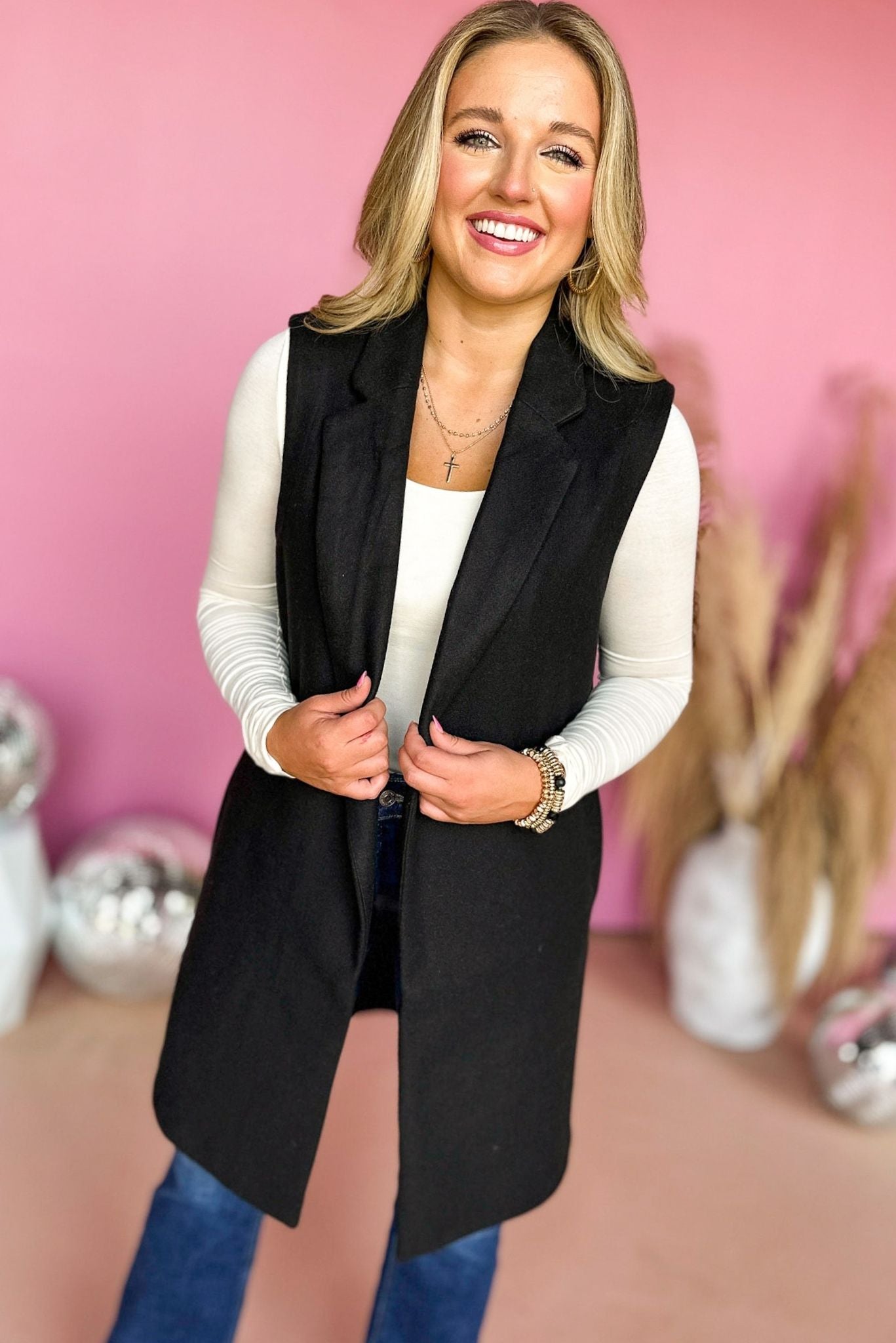 Black Fleece Long Line Vest, elevated style, elevated vest, must have vest, must have style, fall style, fall vest, mom style, affordable fashion, shop style your senses by mallory fitzsimmons