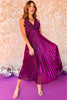 Magenta Metallic Pleated Maxi Dress, v neck, ruffle detail, open back, nye outfit, glam, must have, shop style your senses by mallory fitzsimmons