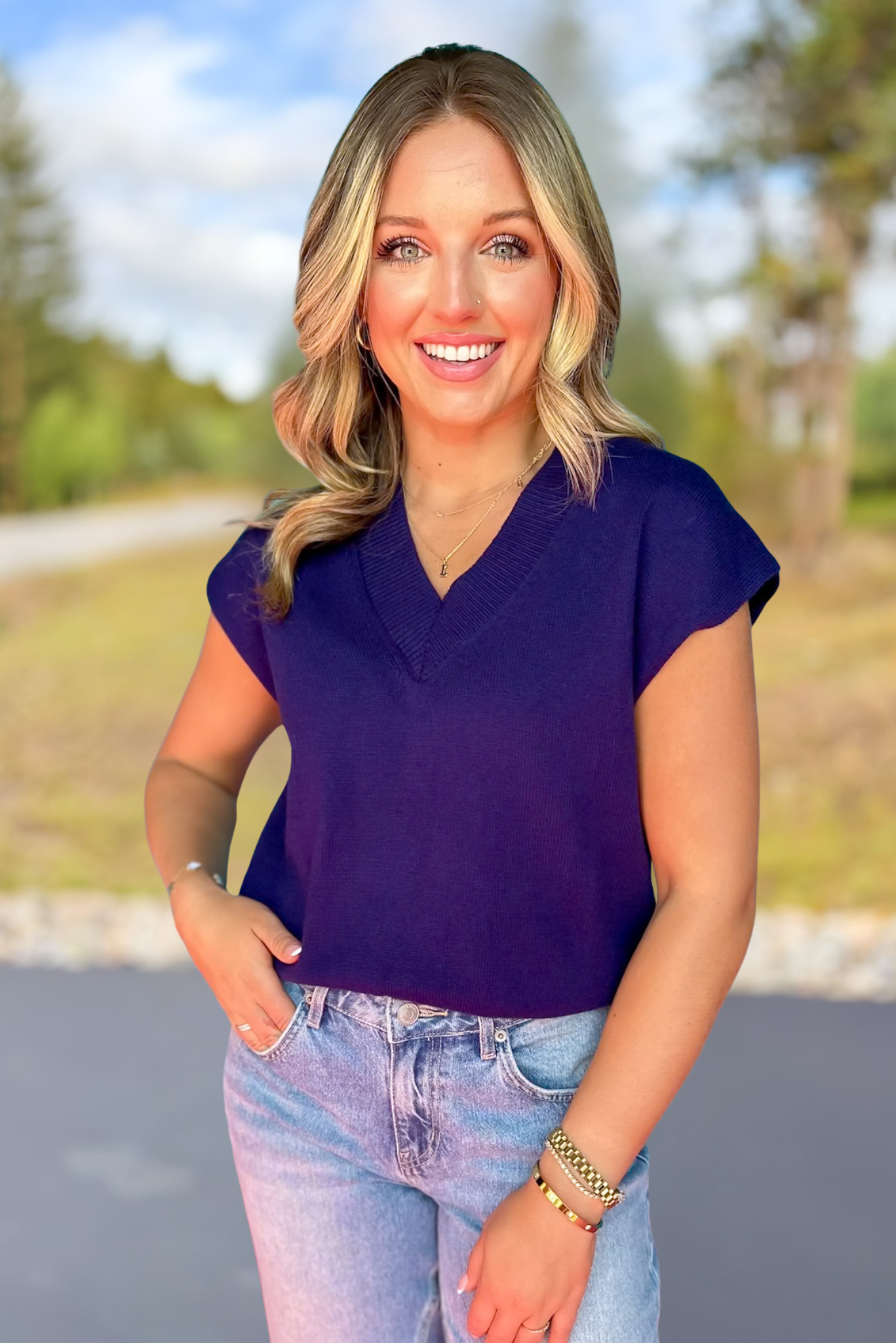 SSYS Amy V Neck Sleeveless Sweater In Navy