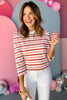Red Pink Striped Shirred Shoulder Knit Top, must have top, must have style, office style, spring fashion, elevated style, elevated top, mom style, work top, shop style your senses by mallory fitzsimmons