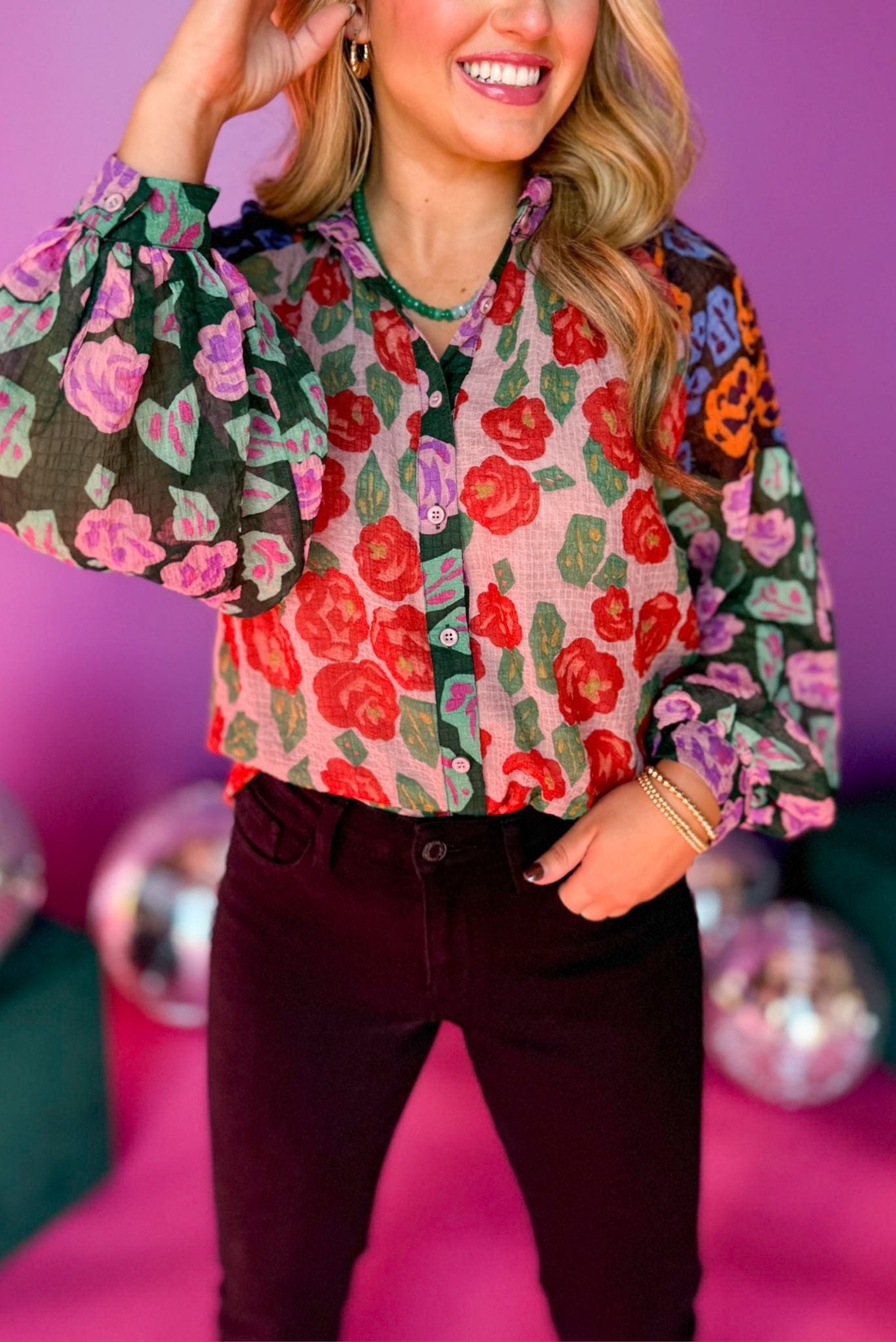 Blush Pink Colorblock Floral Printed Balloon Sleeve Top, must have top, must have style, winter style, winter fashion, elevated style, elevated top, mom style, winter top, shop style your senses by mallory fitzsimmons