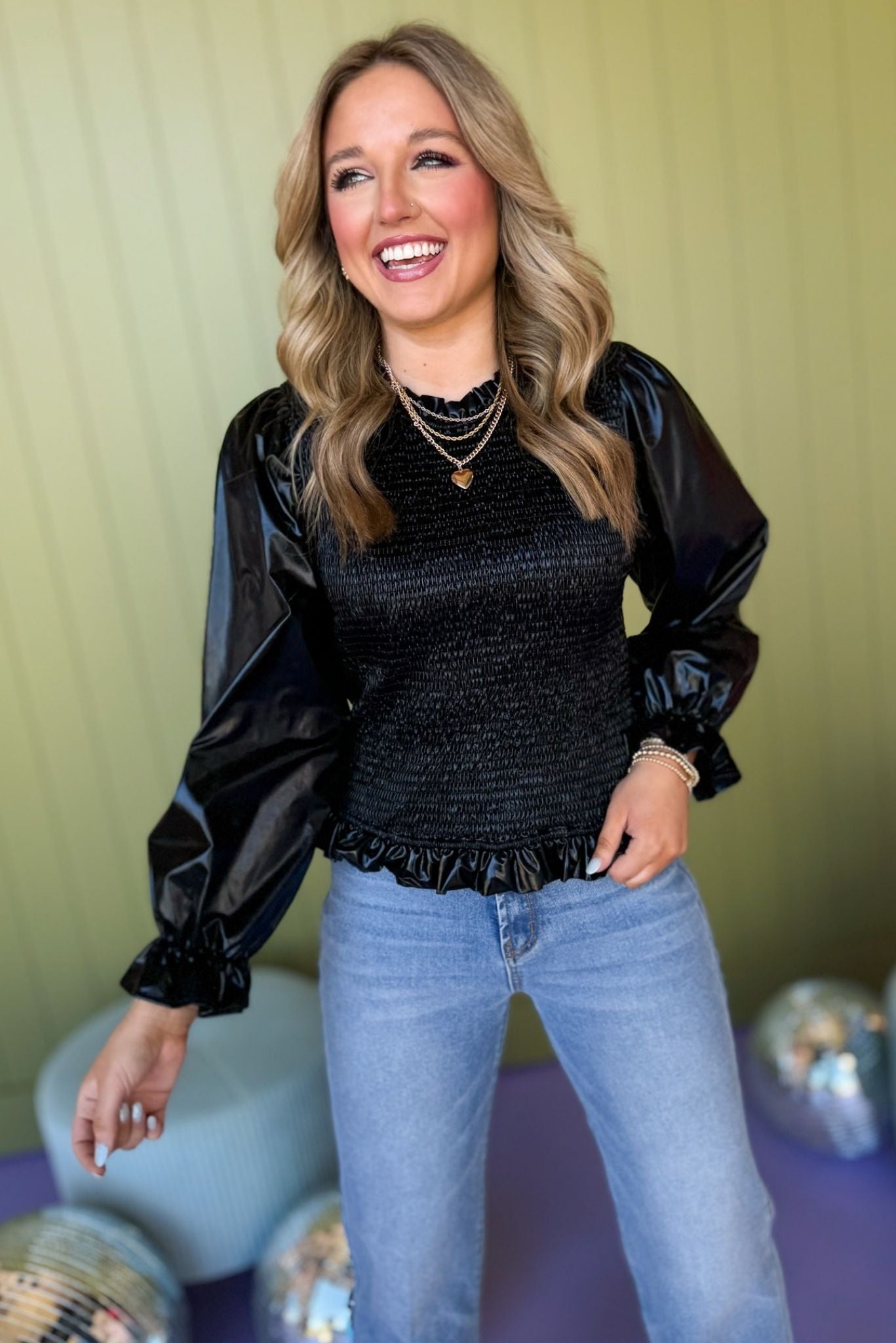 Black Metallic Smocked Bodice Long Mesh Sleeve Frill Neck Top, must have top, must have style, office style, spring fashion, elevated style, elevated top, mom style, work top, shop style your senses by mallory fitzsimmons