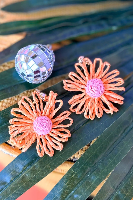 Orange Raffia Wrapped Flower Dangle Earrings, accessory, earrings, must have earrings, shop style your senses by mallory fitzsimmons