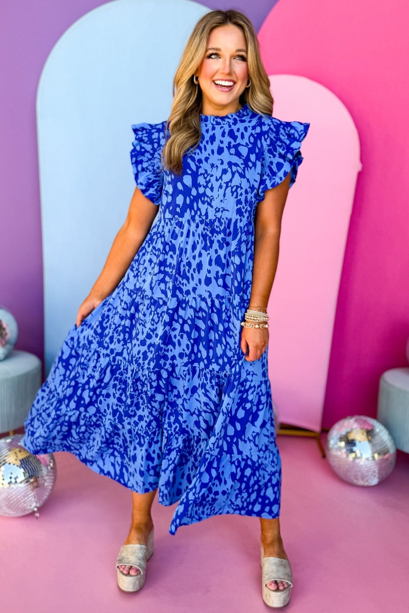 Navy Print Smocked Frilled Shoulder Tiered Layer Dress, must have dress, must have style, brunch style, spring fashion, elevated style, elevated dress, mom style, shop style your senses by mallory fitzsimmons, ssys by mallory fitzsimmons