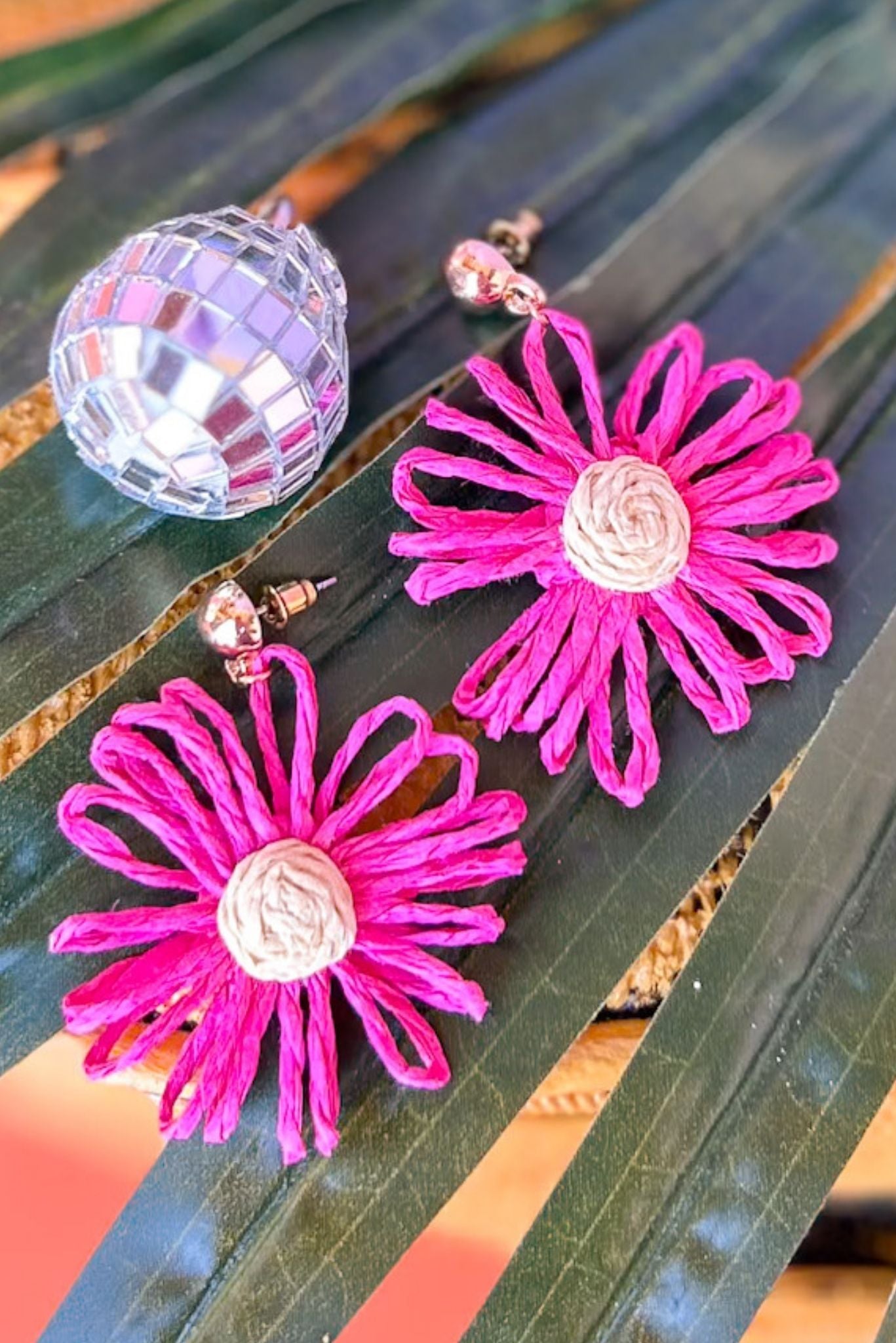 Hot Pink Raffia Wrapped Flower Dangle Earrings, accessory, earrings, must have earrings, shop style your senses by mallory fitzsimmons