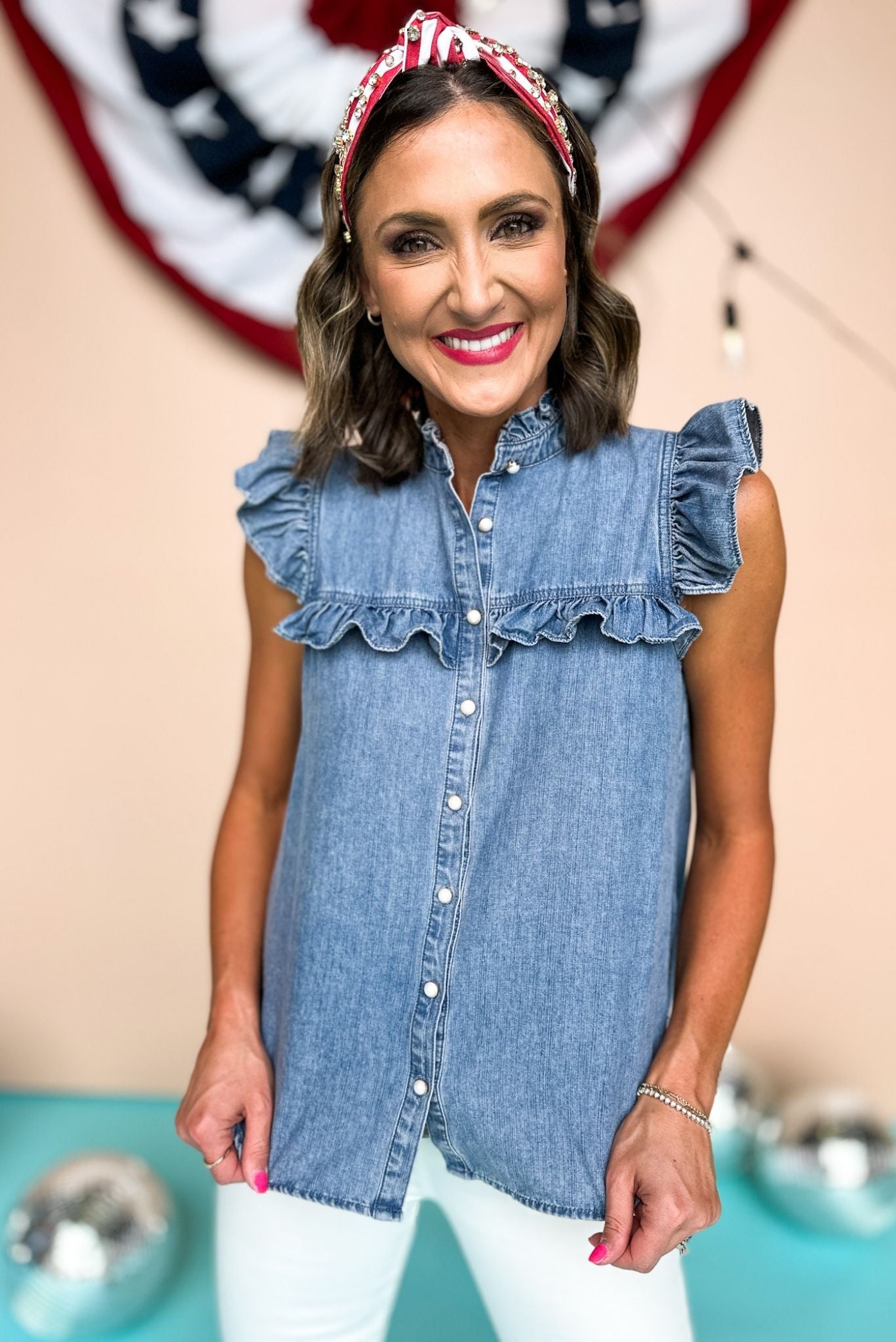 SSYS Medium Wash Sleeveless Ruffle Hem Denim Top, Fourth of July, Summer Style, Mom Style, Ruffle, Shop Style Your Senses by Mallory Fitzsimmons