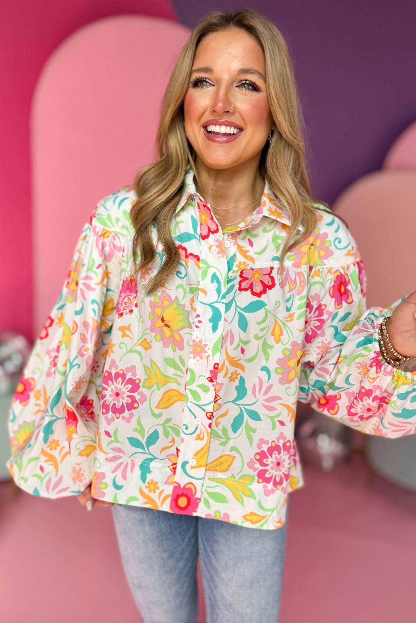 Off White Multi Floral Collared Button Down Poplin Top, floral top, poplin top, must have top, must have style, office style, spring fashion, elevated style, elevated top, mom style, work top, shop style your senses by mallory fitzsimmons, ssys by mallory fitzsimmons
