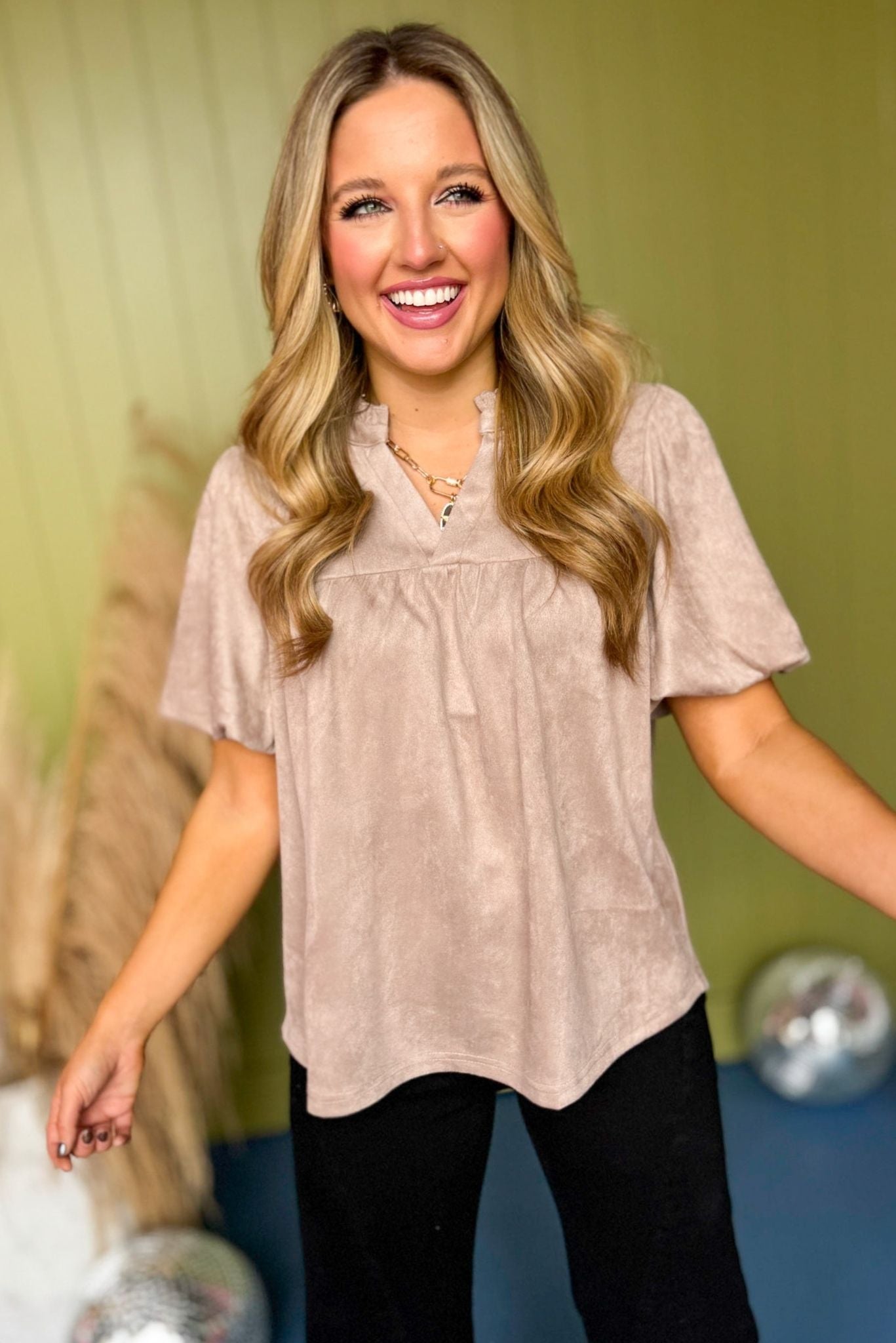 Mocha Faux Suede Frilled Split Neck Bubble Short Sleeve Top, must have top, must have style, fall style, fall fashion, elevated style, elevated dress, mom style, fall collection, fall top, shop style your senses by mallory fitzsimmons