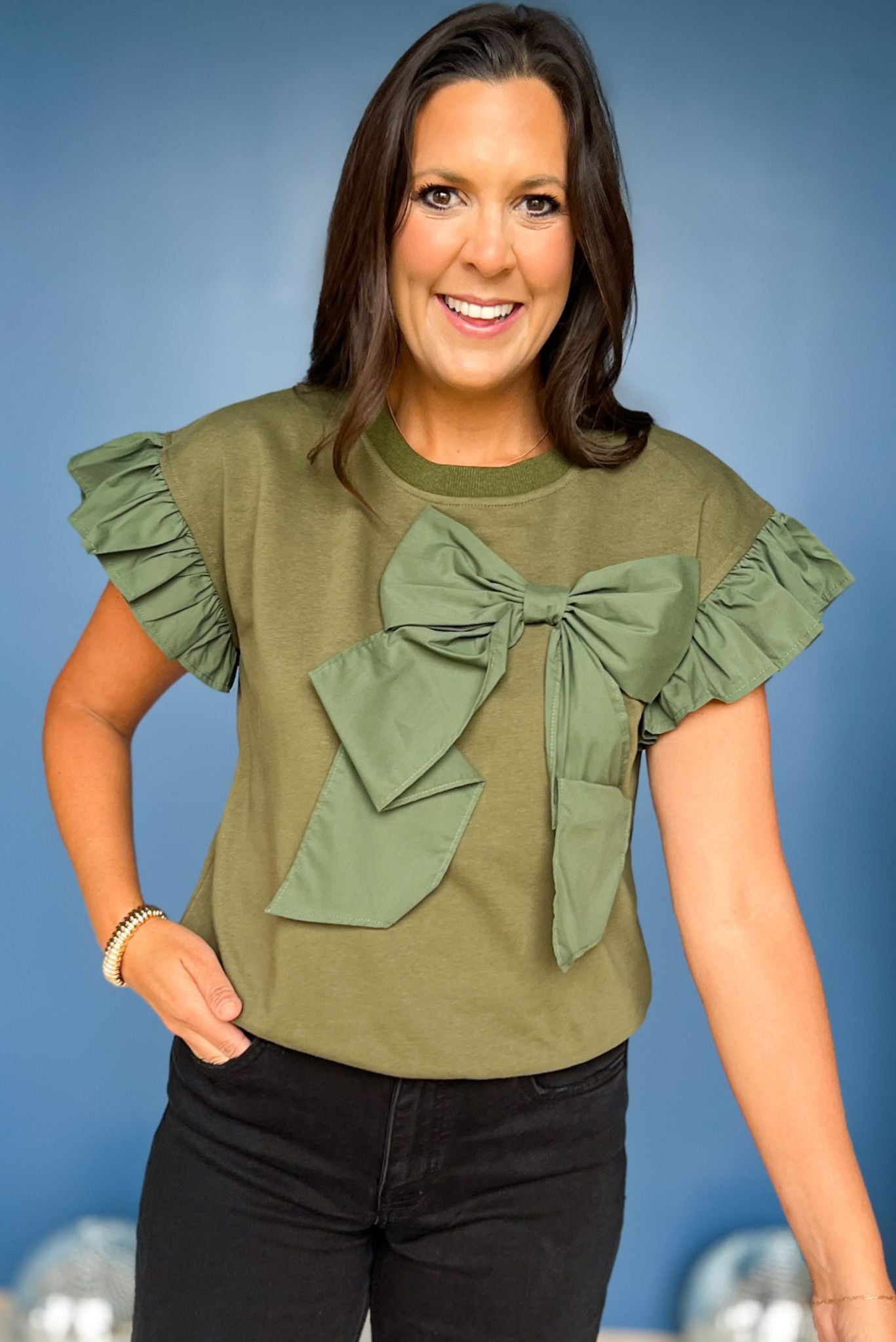 Olive Contrast Ribbon Bow Ruffle Sleeve Top, top, sleeveless top, ruffle sleeve top, short ruffle sleeve top, olive top, olive short sleeve top, olive ruffle sleeve top, bow top, olive bow top, must have top, elevated top, elevated style, summer top, summer style, Shop Style Your Senses by Mallory Fitzsimmons, SSYS by Mallory Fitzsimmons