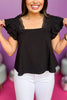 Black Sqaure Neck Flutter Sleeve Eyelet Detail Top, lace detail top, black top, must have top, must have style, brunch style, summer style, spring fashion, elevated style, elevated top, mom style, shop style your senses by mallory fitzsimmons, ssys by mallory fitzsimmons