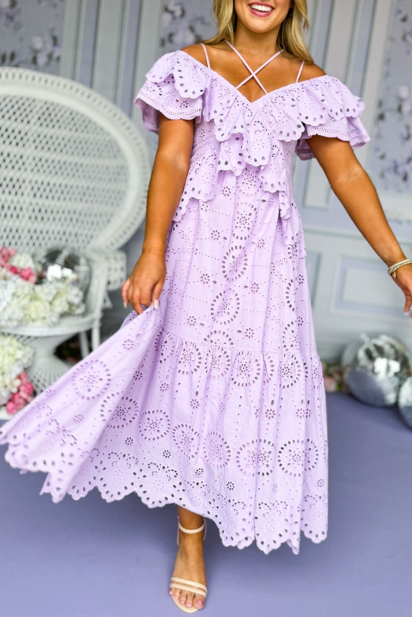 Lavender Strap Detail Eyelet Lace Ruffle Dress, spring dress, elevated dress, must have dress, mothers day dress, special occasion dress, spring style, summer style, church dress, mom style, shop style your senses by Mallory Fitzsimmons, ssys by Mallory Fitzsimmons  Edit alt text