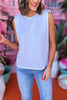 SSYS The Shelby Shoulder Pad Sleeveless Top In White, ssys the label, spring break top, spring break style, spring fashion affordable fashion, elevated style, bright style, shoulder pad top, mom style, shop style your senses by mallory fitzsimmons, ssys by mallory fitzsimmons