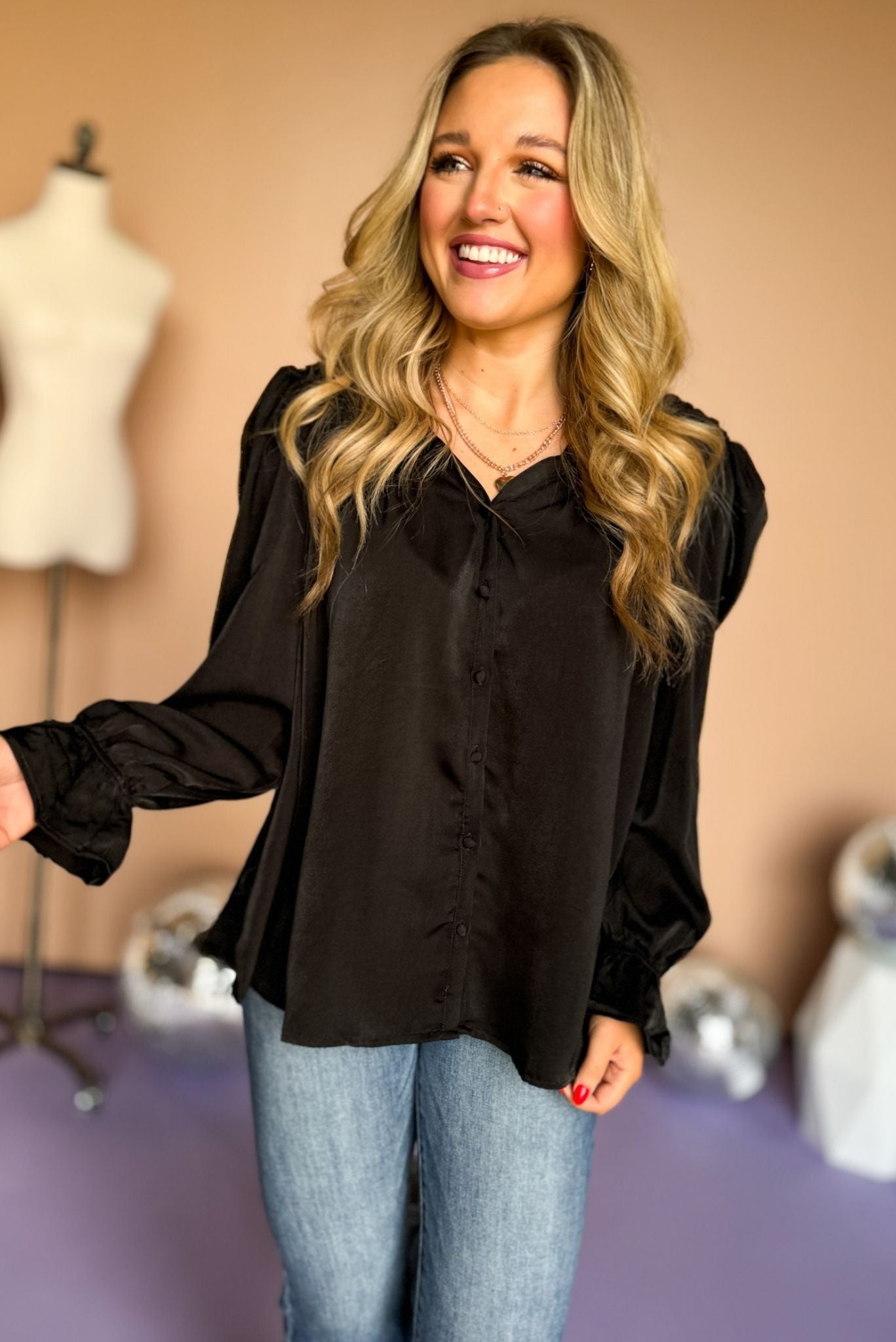 Black Collared Button Front Satin Pleated Shoulder Long Sleeve Top, must have top, must have style, office style, winter fashion, elevated style, elevated top, mom style, work top, shop style your senses by mallory fitzsimmons