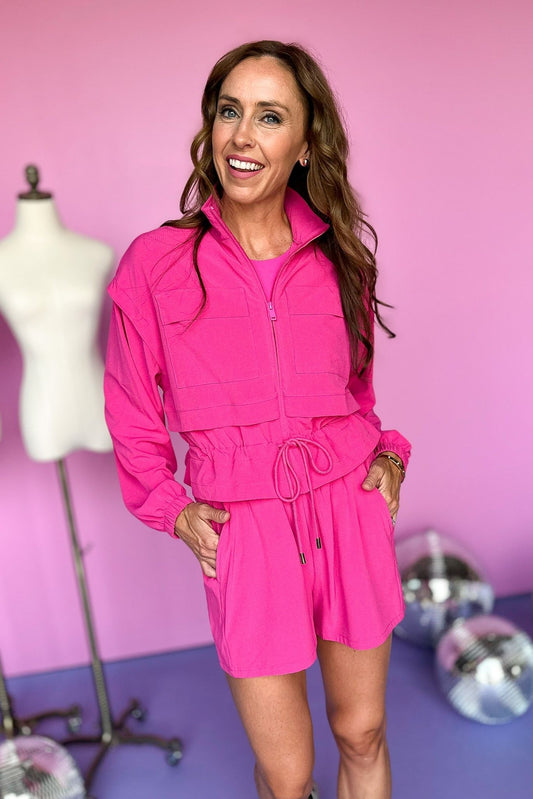 Pink Crinkle Drawstring Zip Front Jacket, light jacket, casual jacket, mom style, shop style your senses by mallory fitzsimmons