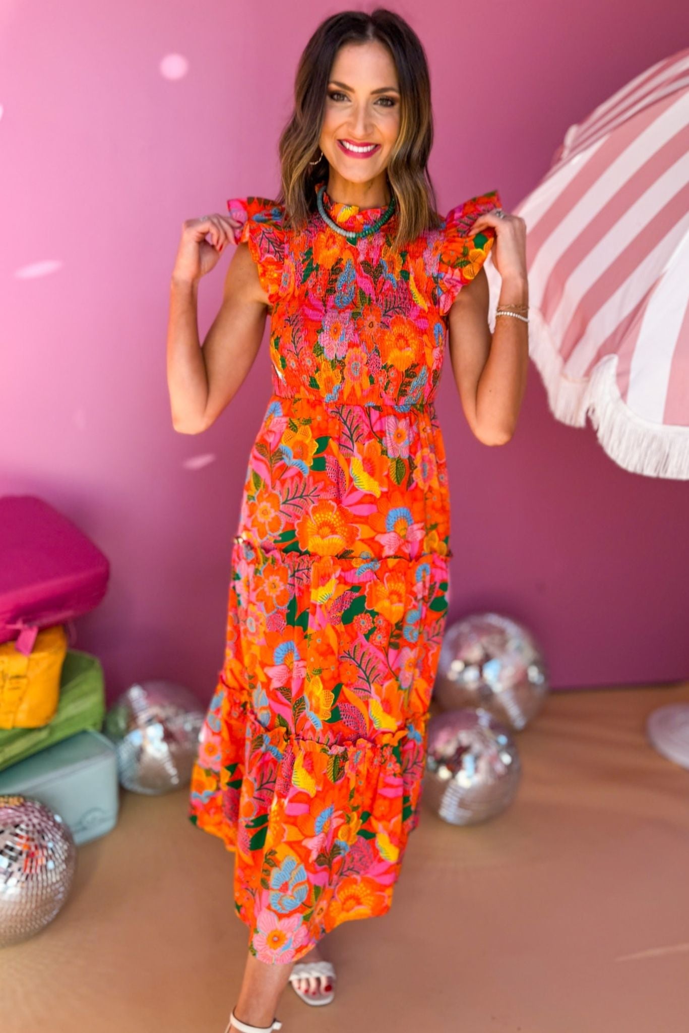 Orange Floral Printed Smocked Flutter Sleeve Midi Dress *FINAL SALE* SSYS Orange Floral Printed Smocked Flutter Sleeve Midi Dress *FINAL SALE* SSYS