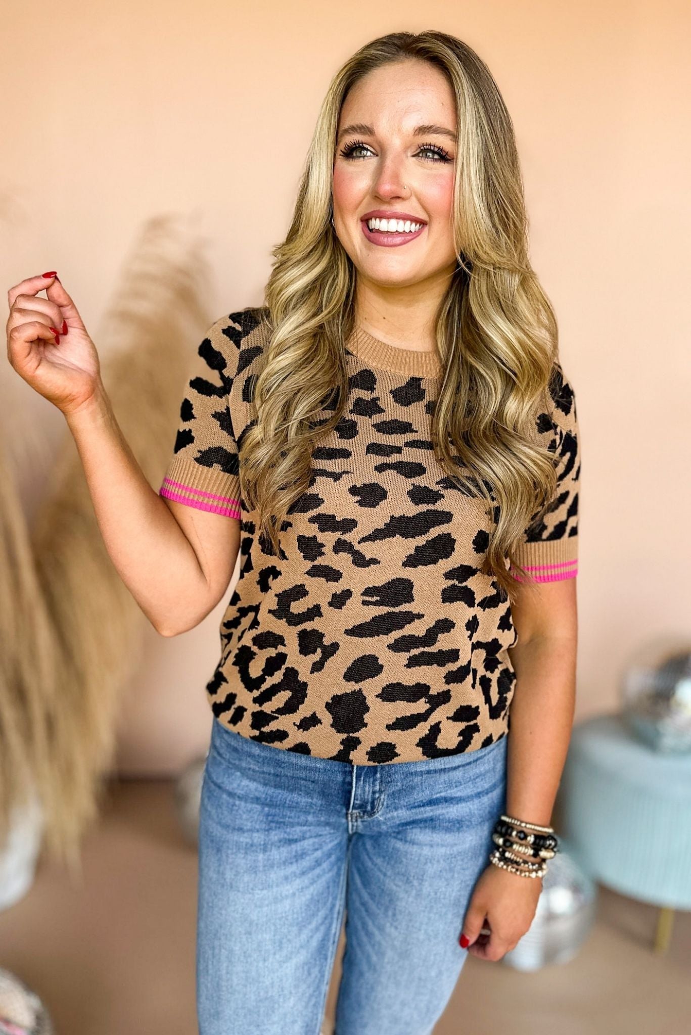 Camel Fuchsia Animal Printed Colorblock Short Sleeve Knit Top, animal print top, mom style, mom chic, fall style, elevated style, must have fall, must have top, transition piece, shop style your senses by mallory fitzsimmons