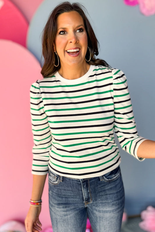  Green Navy Striped Shirred Shoulder Knit Top, must have top, must have style, office style, spring fashion, elevated style, elevated top, mom style, work top, shop style your senses by mallory fitzsimmons