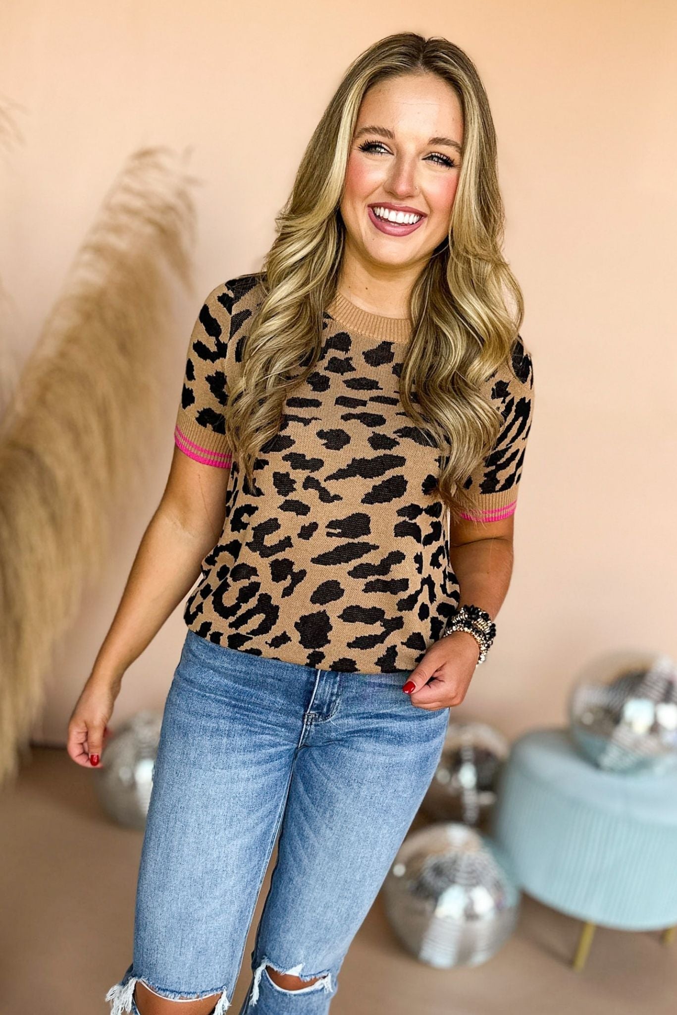 Camel Fuchsia Animal Printed Colorblock Short Sleeve Knit Top, animal print top, mom style, mom chic, fall style, elevated style, must have fall, must have top, transition piece, shop style your senses by mallory fitzsimmons
