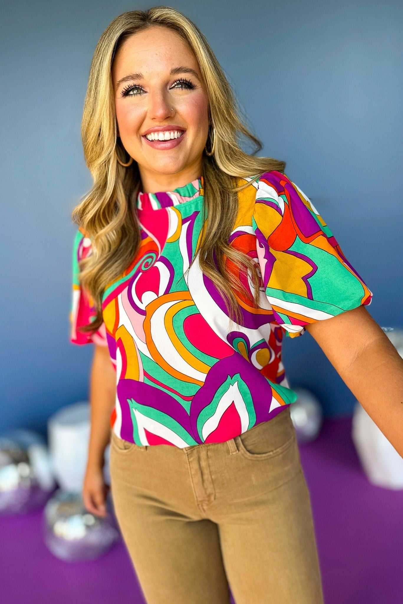 Purple Abstract Frill Neck Bubble Short Sleeve Top, must have top, must have style, must have fall, fall collection, fall fashion, elevated style, elevated top, mom style, fall style, shop style your senses by mallory fitzsimmons