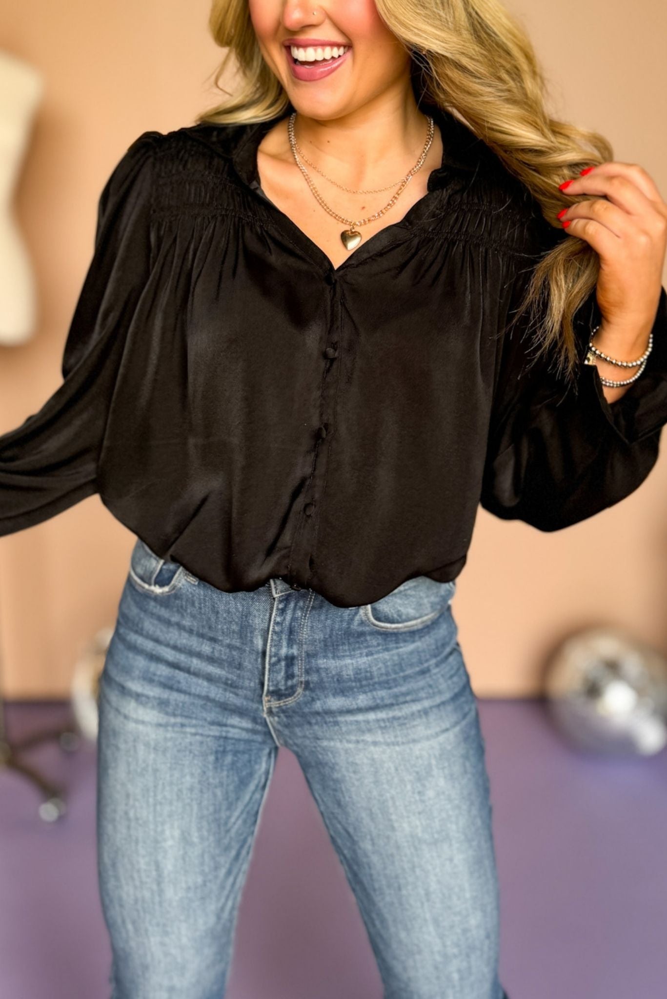 Black Collared Button Front Satin Pleated Shoulder Long Sleeve Top, must have top, must have style, office style, winter fashion, elevated style, elevated top, mom style, work top, shop style your senses by mallory fitzsimmons