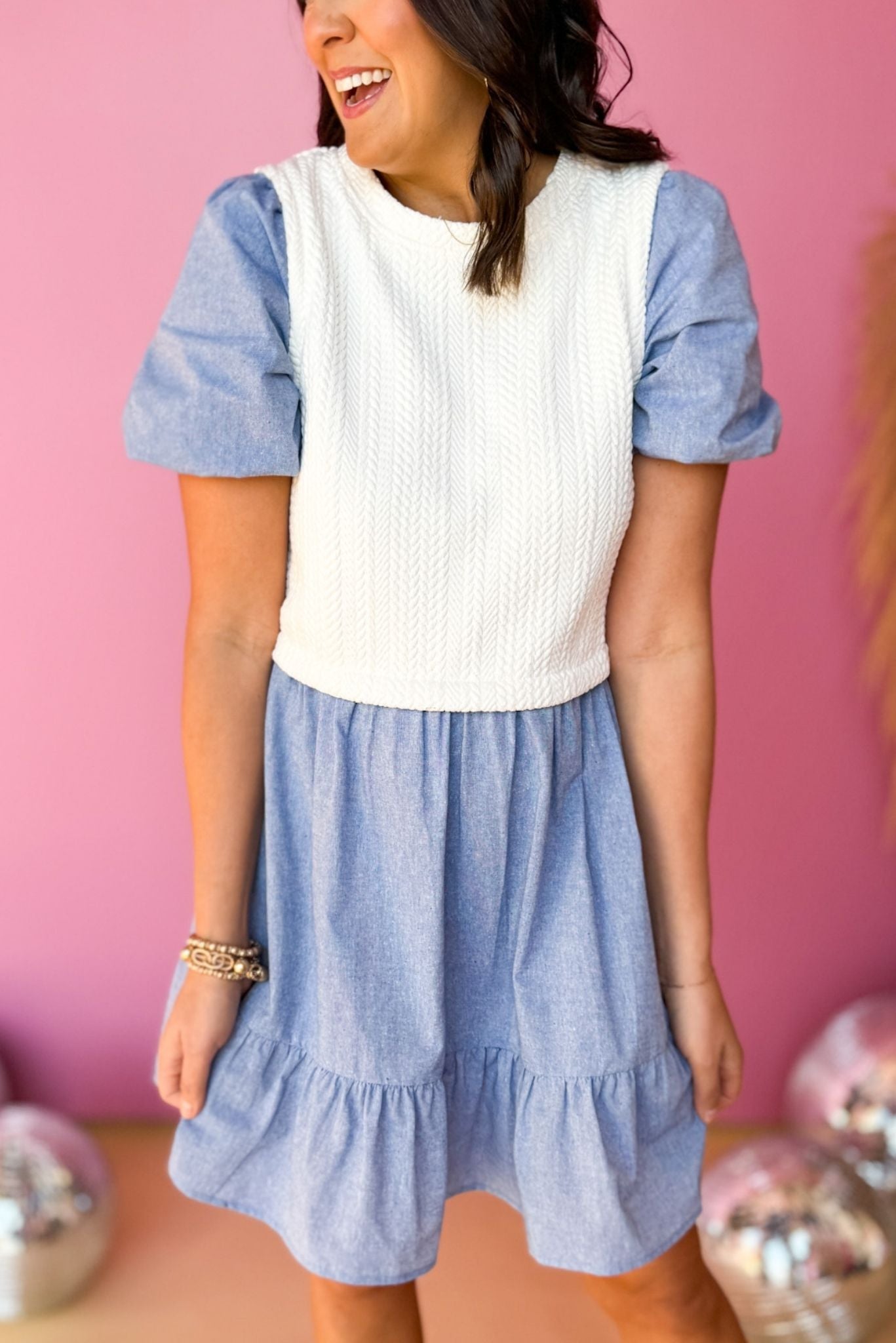 Blue Textured Bodice Denim Short Sleeve Tiered Dress, Western dress, western style, rodeo style, concert style, must have concert, must have style, elevated dress, elevated style, spring style, mom style, shop style your senses by Mallory Fitzsimmons, says by Mallory Fitzsimmons