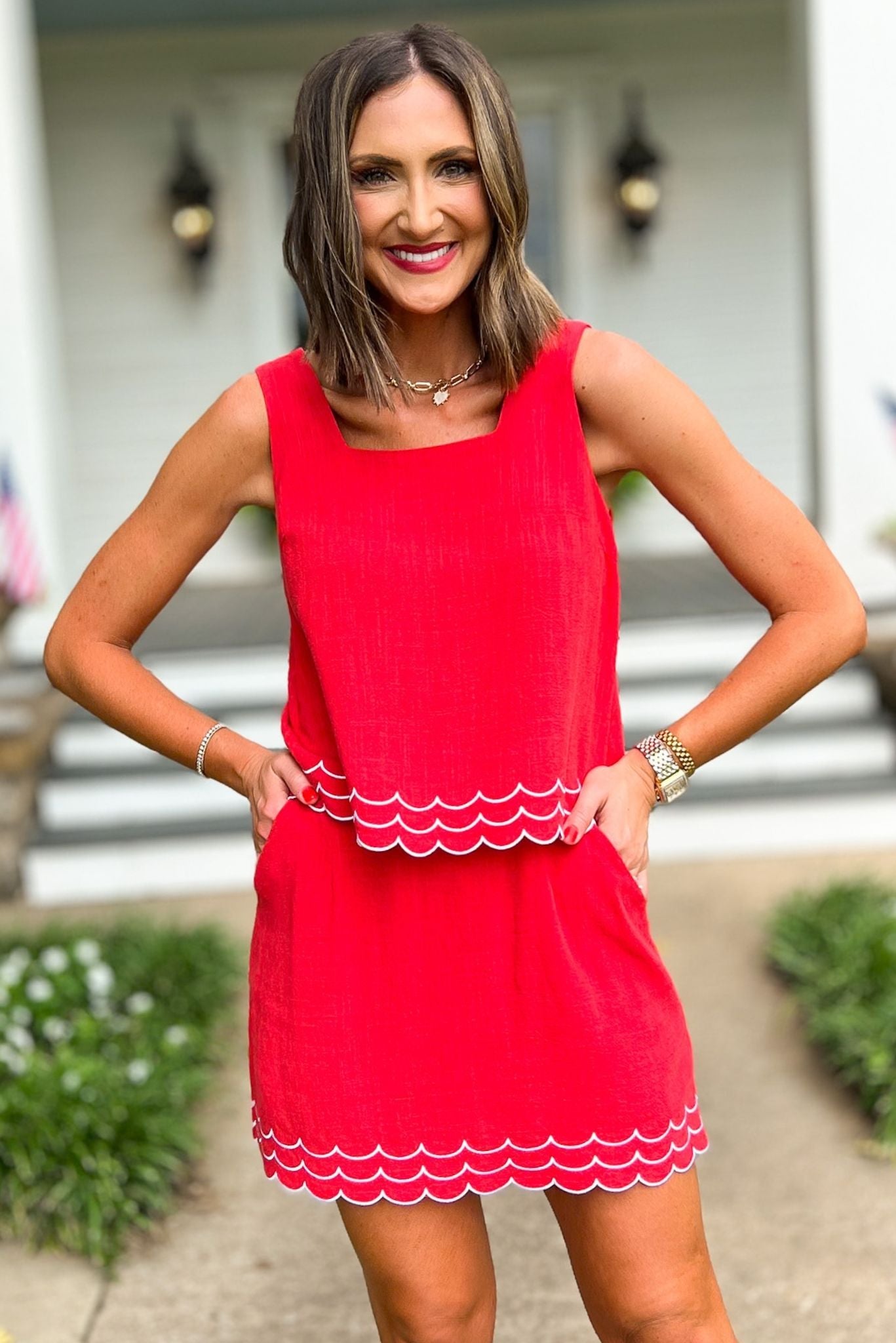 SSYS The Elaine Scallop Ric Rac Linen Skort Set In Red, ssys set, ssys the label, elevated set, must have set, Fourth of July collection, must have style, mom style, summer style, shop style your senses by MALLORY FITZSIMMONS, ssys by MALLORY FITZSIMMONS