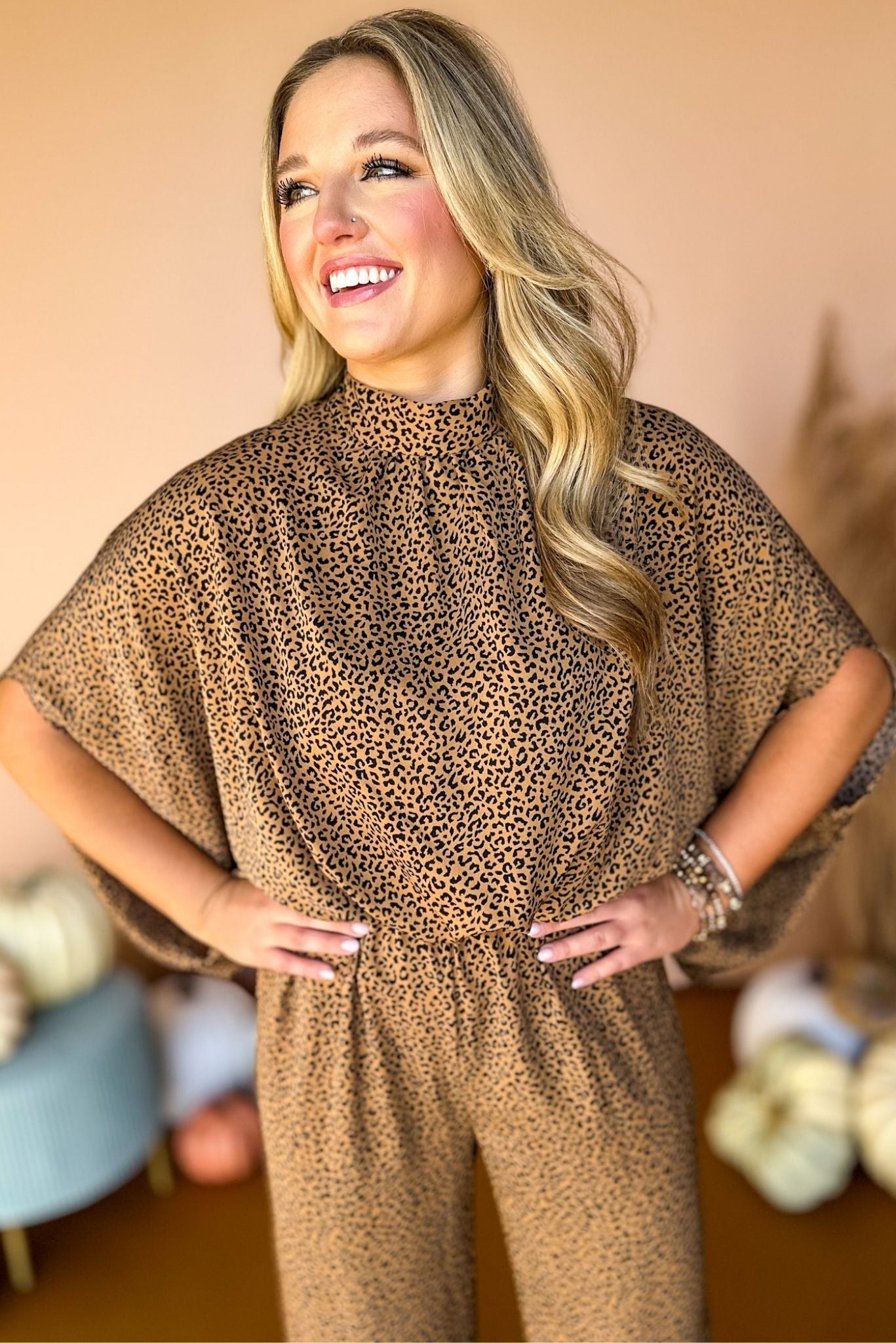 Brown Animal Printed Mock Neck Caftan Jumpsuit, must have jumpsuit, must have style, must have print, elevated jumpsuit, elevated style, fall style ,fall jumpsuit, fall fashion, mom style, thanksgiving style, shop style your senses by mallory fitzsimmons