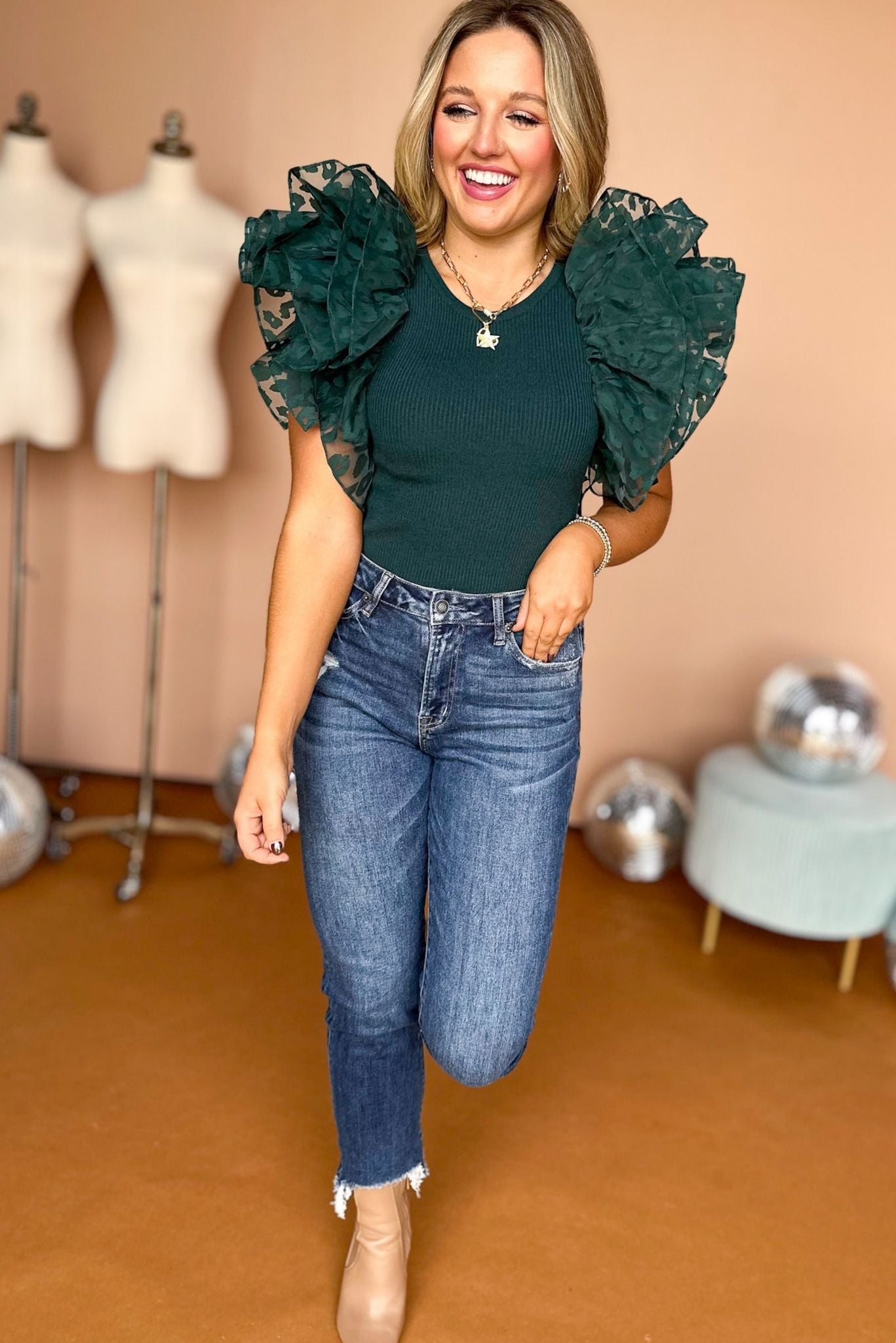 Hunter Green Ribbed Ruffle Short Sleeve Top, must have top, must have style, fall style, fall fashion, elevated style, elevated dress, mom style, fall collection, fall top, shop style your senses by mallory fitzsimmons