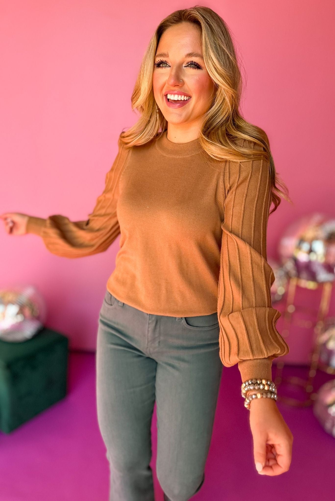 Taupe Textured Stripe Bubble Sleeve Lightweight Sweater, must have sweater, must have style, must have fall, fall collection, fall fashion, elevated style, elevated sweater, mom style, fall style, shop style your senses by mallory fitzsimmons