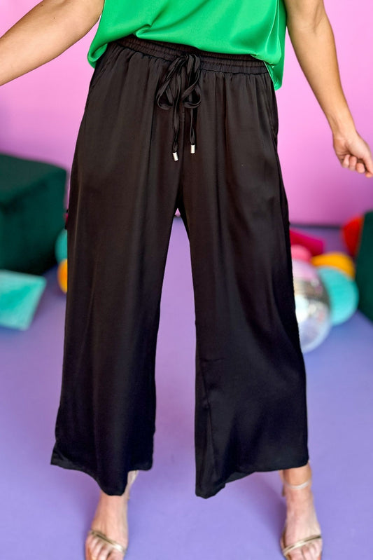 black Drawstring Waist Wide Leg Satin Pants, waist tie, elastic waist, wide leg, office wear, resort wear, new arrival, must have, shop style your senses by mallory fitzsimmons