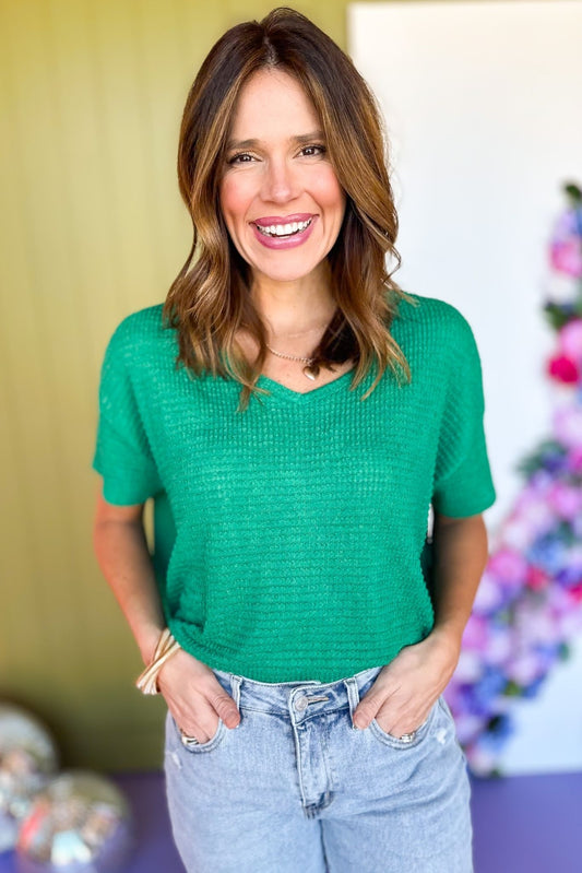 Green Drop Shoulder V Neck Short Sleeve Knit Top *FINAL SALE*, Saturday steals, must have top, knit top, elevated top, everyday top, mom style, casual style, v neck top, easy style, summer style, summer top, shop style your senses by Mallory Fitzsimmons, ssys by Mallory Fitzsimmons
