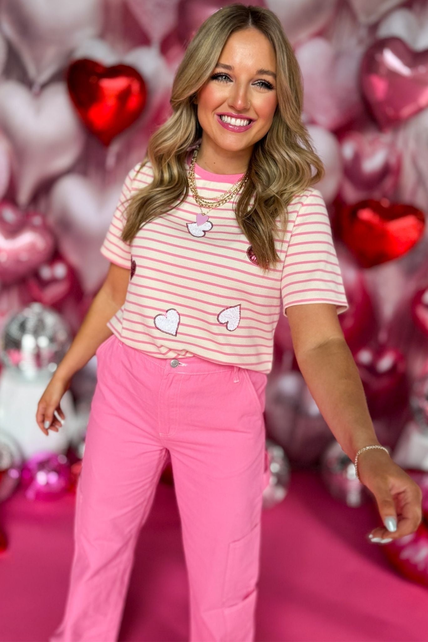 Pink Striped Sequin Hearts Tee, must have top, must have style, valentines style, spring fashion, elevated style, elevated top, mom style, date night top, shop style your senses by mallory fitzsimmons