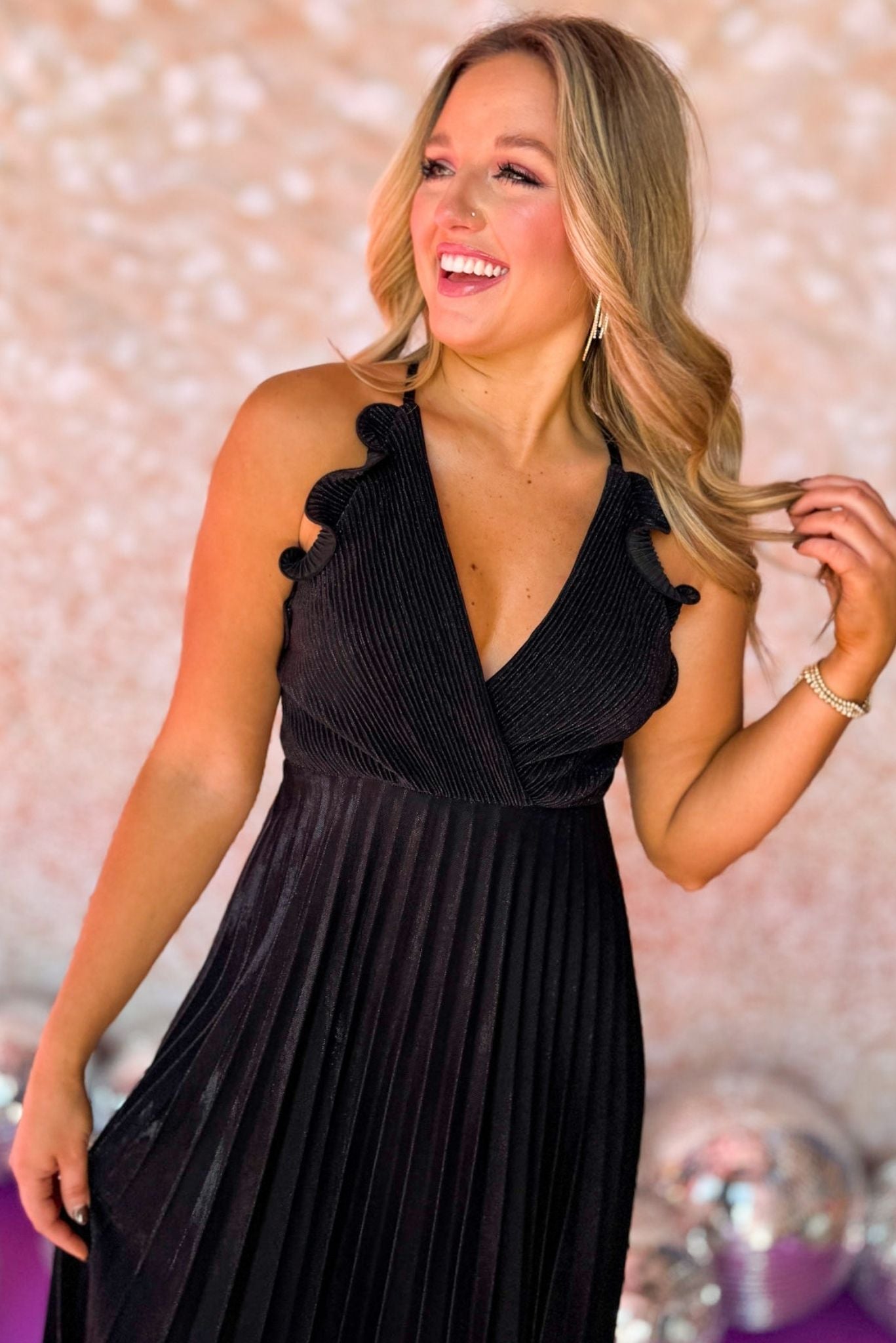 Black Metallic Pleated Maxi Dress, v neck, ruffle detail, open back, nye outfit, glam, must have, shop style your senses by mallory fitzsimmons