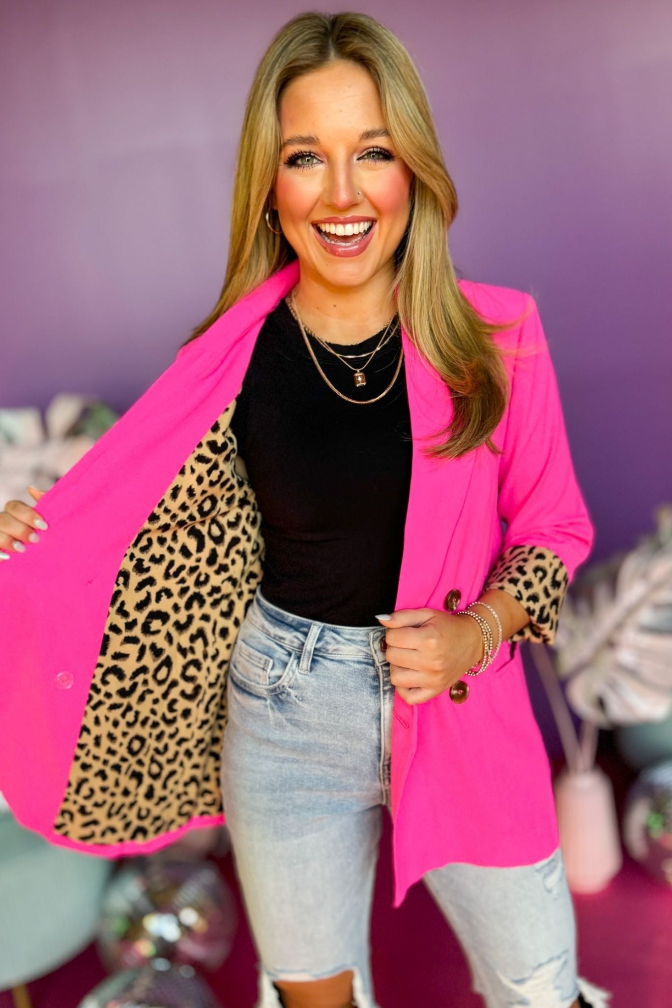 Hot Pink Animal Print Detail Front Pocket Blazer