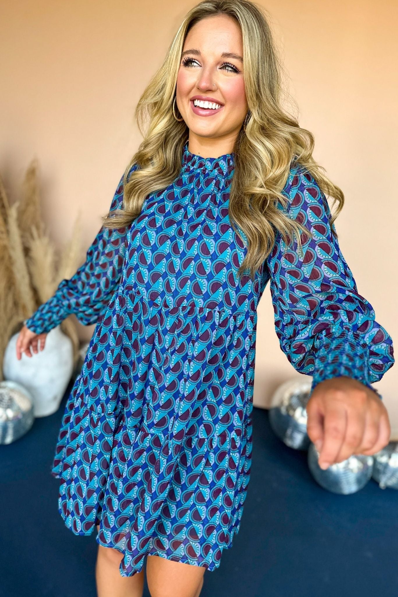 Blue Geometric Printed Bubble Sleeve Tiered Dress, elevated dress, elevated stye, must have dress, must have style, printed dress, fall sweater, fall fashion, mom style, shop style your senses by mallory fitzsimmons