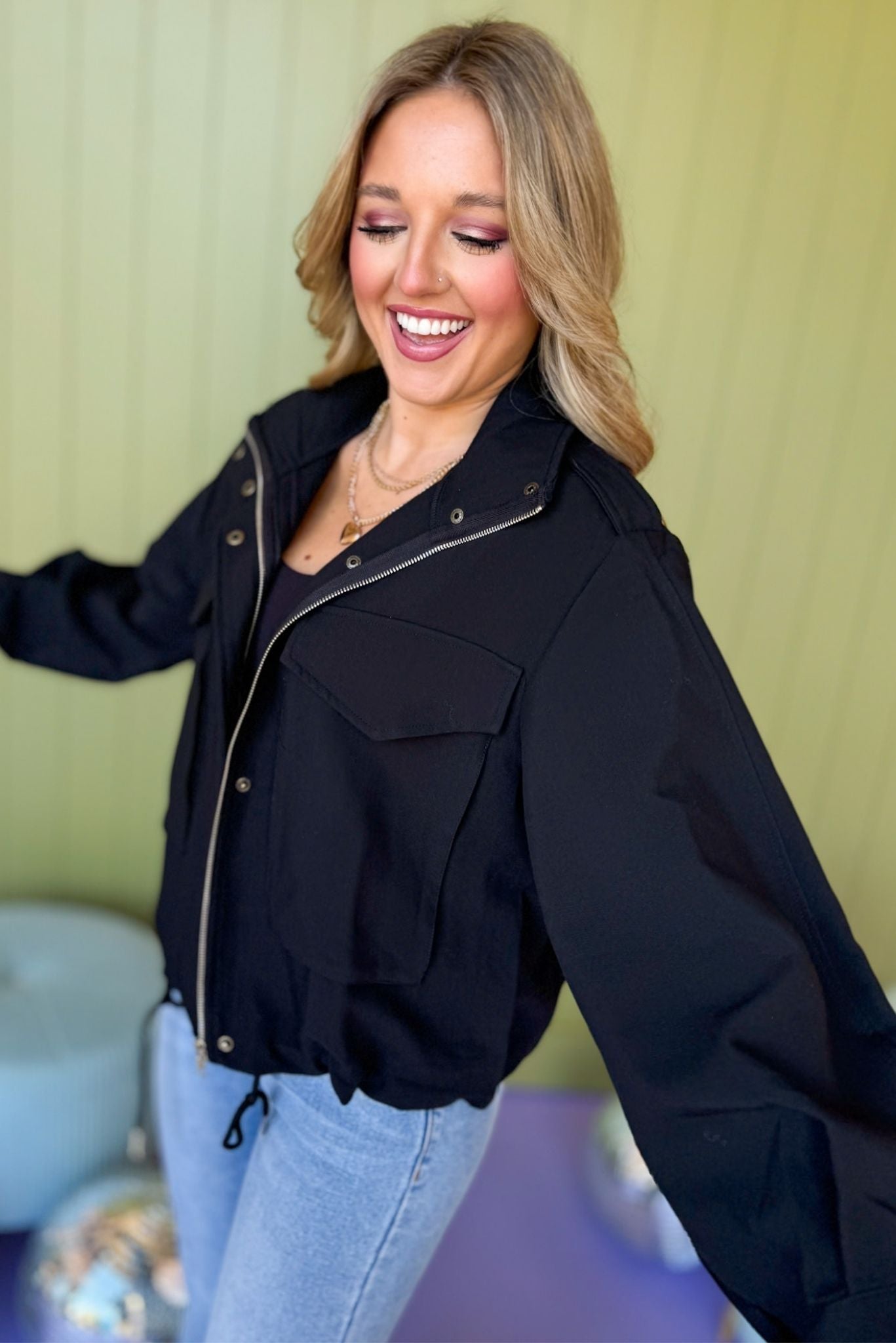 Black Zip Front Pocket Detail Bomber Jacket, must have jacket, must have style, must have winter, winter fashion, elevated style, elevated jacket, mom style, winter style, shop style your senses by mallory fitzsimmons