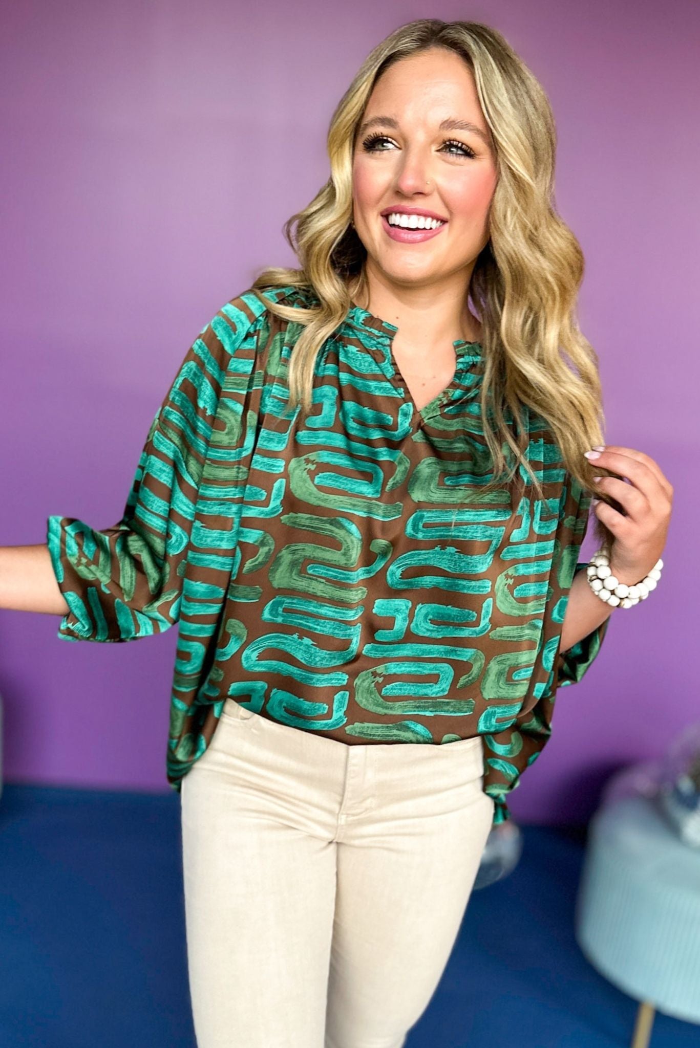 Green Abstract Printed Split Neck Top, must have top, must have style, must have fall, fall collection, fall fashion, elevated style, elevated top, mom style, fall style, shop style your senses by mallory fitzsimmons