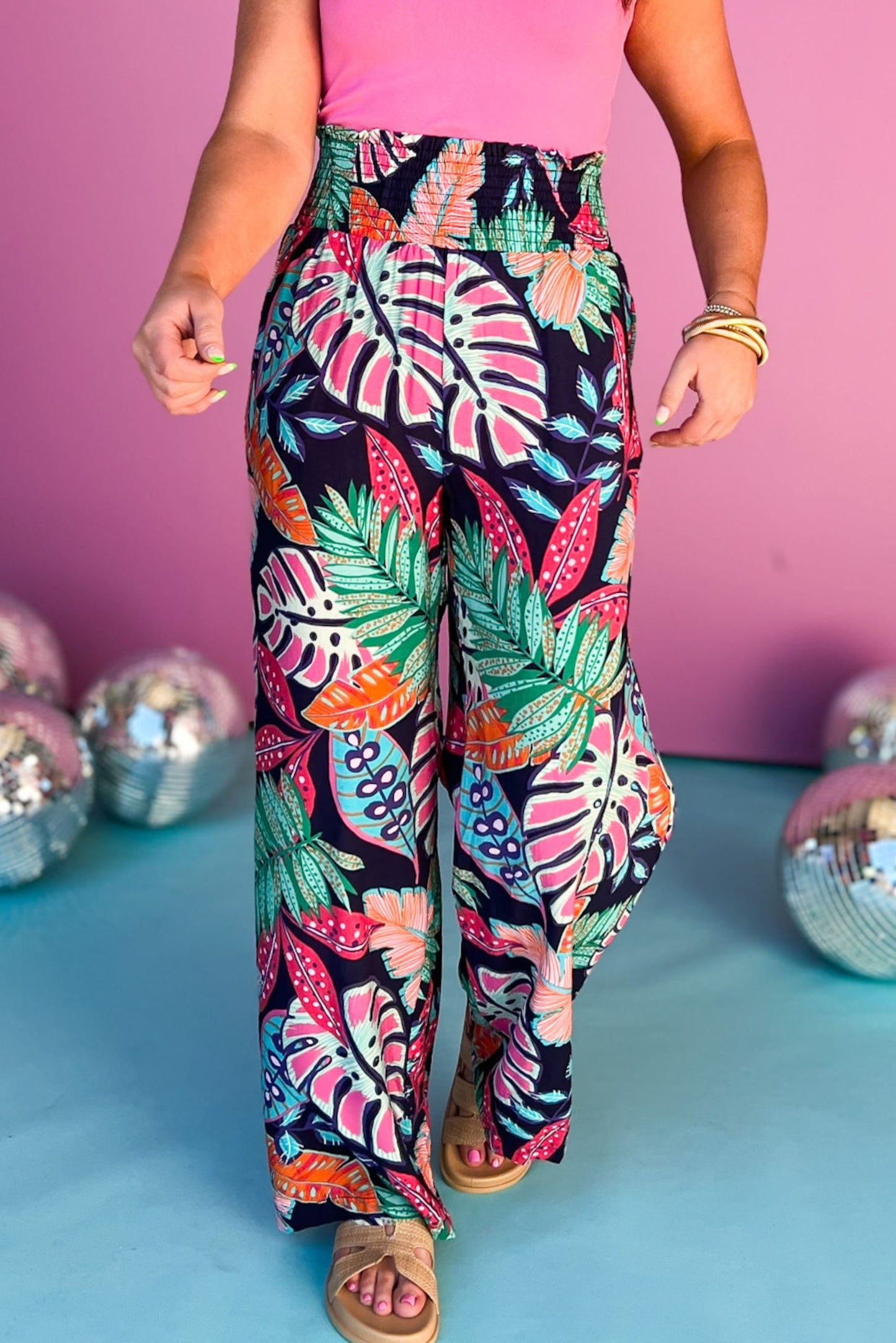 Navy Tropical Print Smocked Waistband Pants, printed pants, tropical print, must have pants, vacation style, spring style, summer style, mom style, elevated pants, affordable fashion, shop style your senses by mallory fitzsimmons, ssys by mallory fitzsimmons