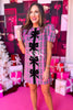 SSYS Everly Velvet Bow Trim Puff Sleeve Shift Dress In Pink Tartan