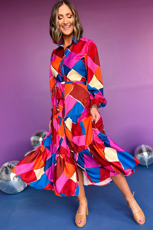 Fuchsia Abstract Printed Midi Dress, must have dress, must have style, fall style, fall fashion, elevated style, elevated dress, mom style, fall collection, fall dress, shop style your senses by mallory fitzsimmons